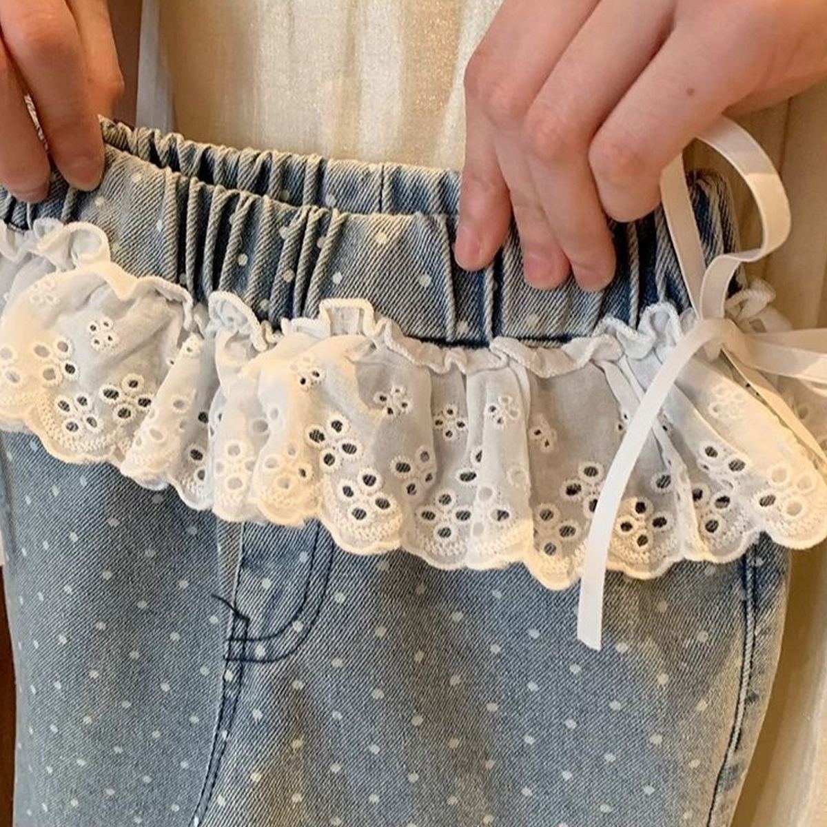 Kids Lace Polka Dots Cami Denim Top and Pants Set