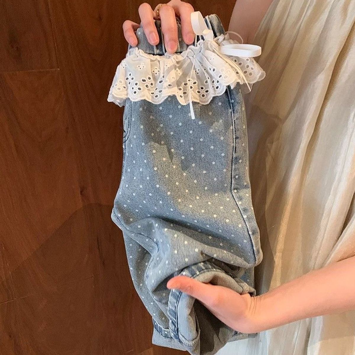 Kids Lace Polka Dots Cami Denim Top and Pants Set