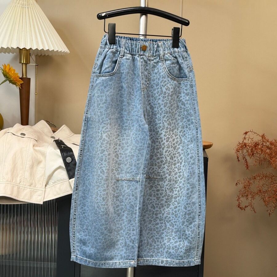 Kids Leopard Print Denim Curved Leg Pants