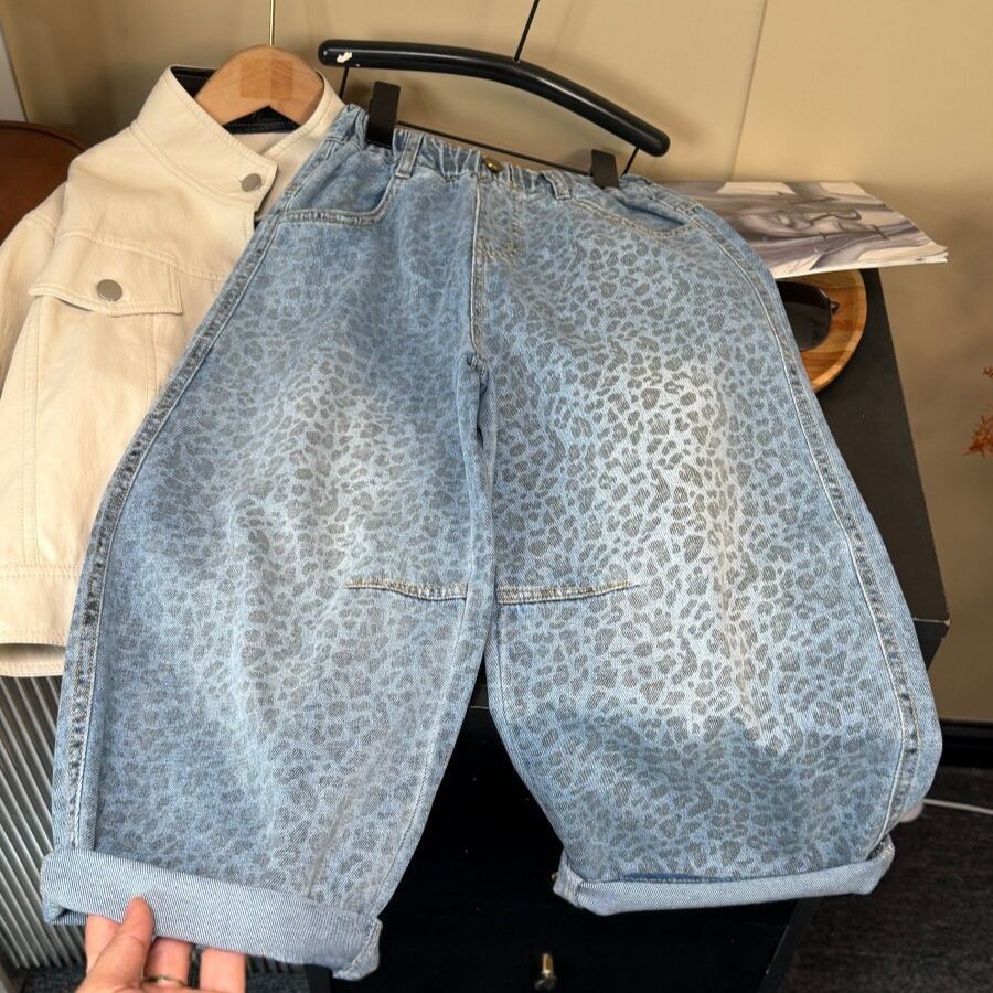 Kids Leopard Print Denim Curved Leg Pants