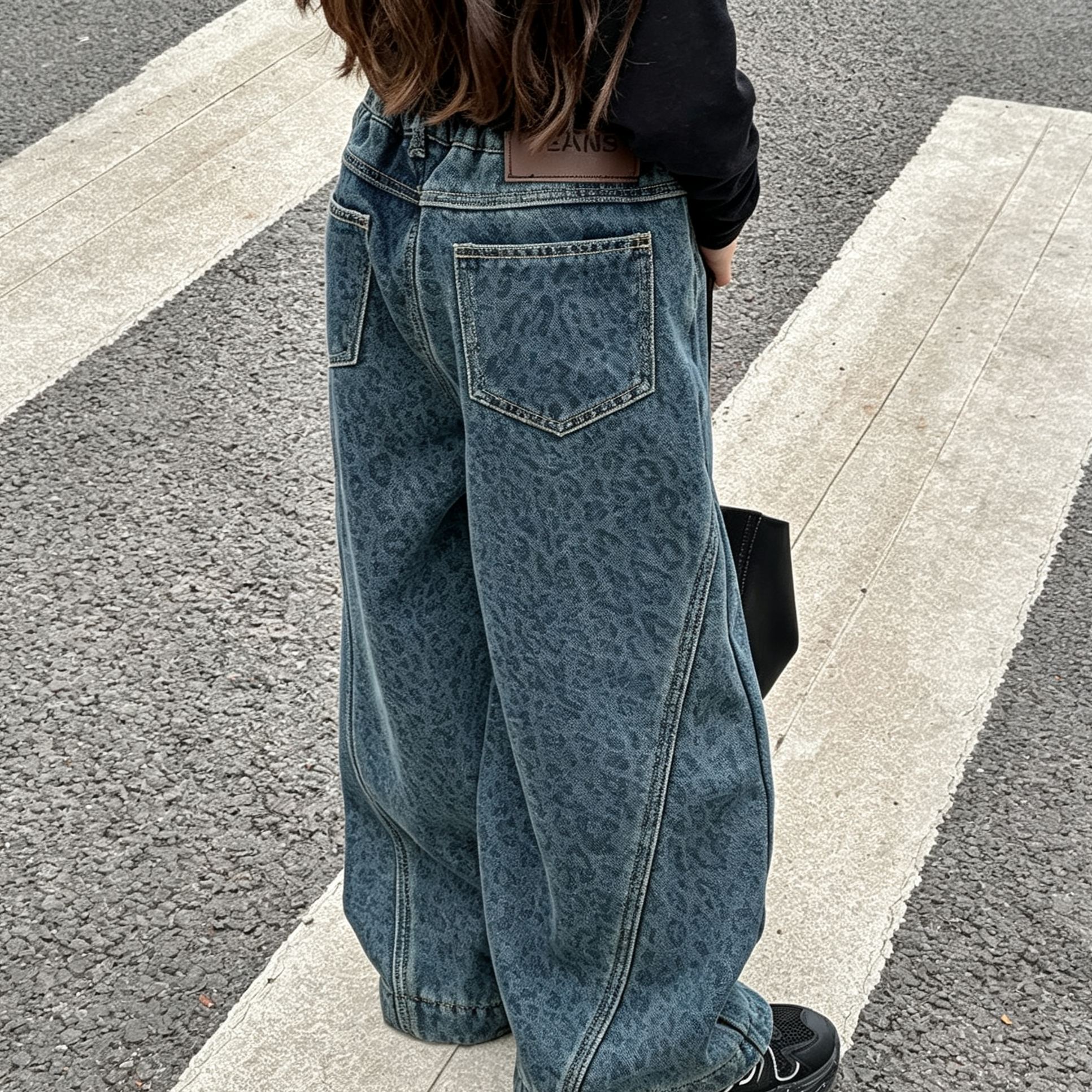 Kids Leopard Print Denim Wide Leg Pants