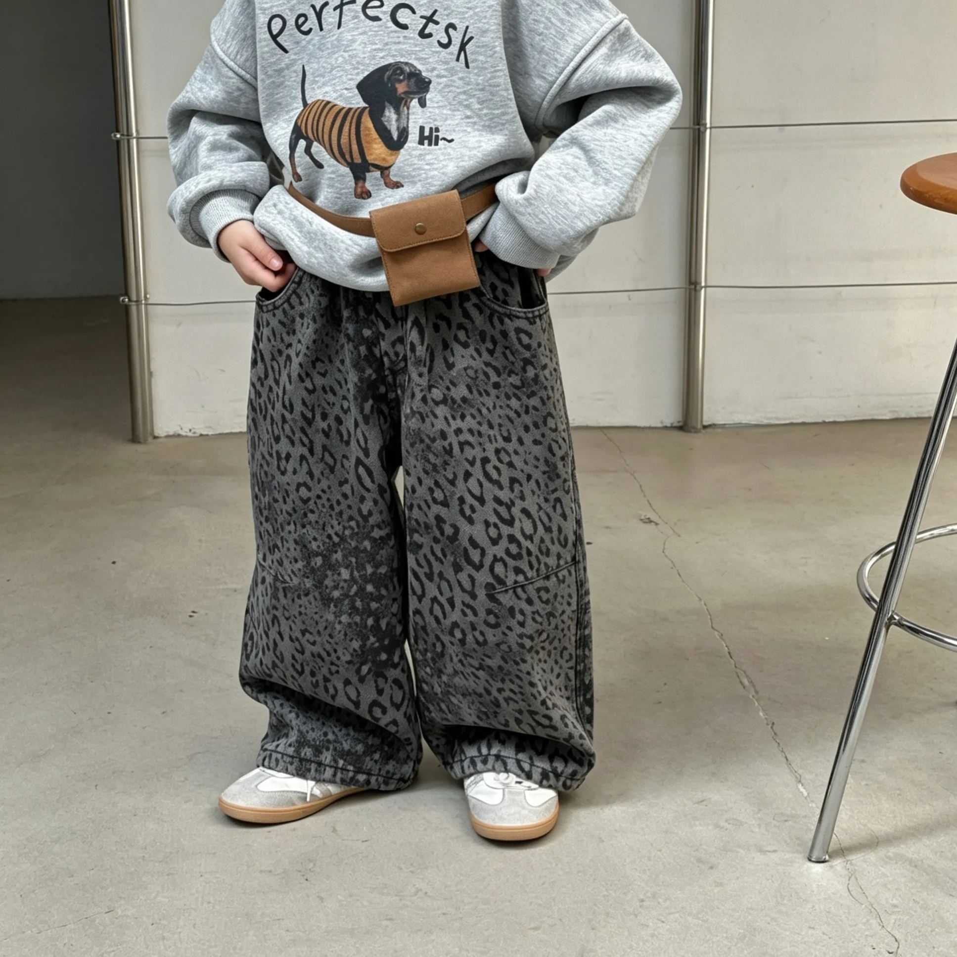 Kids Leopard Print Warm Fleece Denim Pants