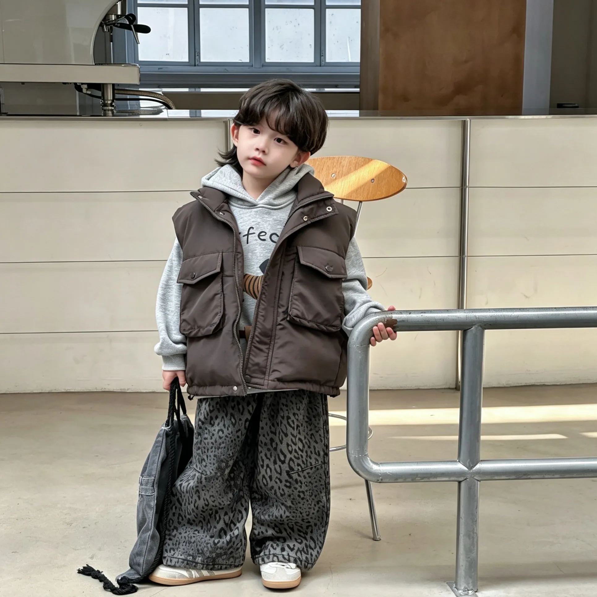 Kids Leopard Print Warm Fleece Denim Pants