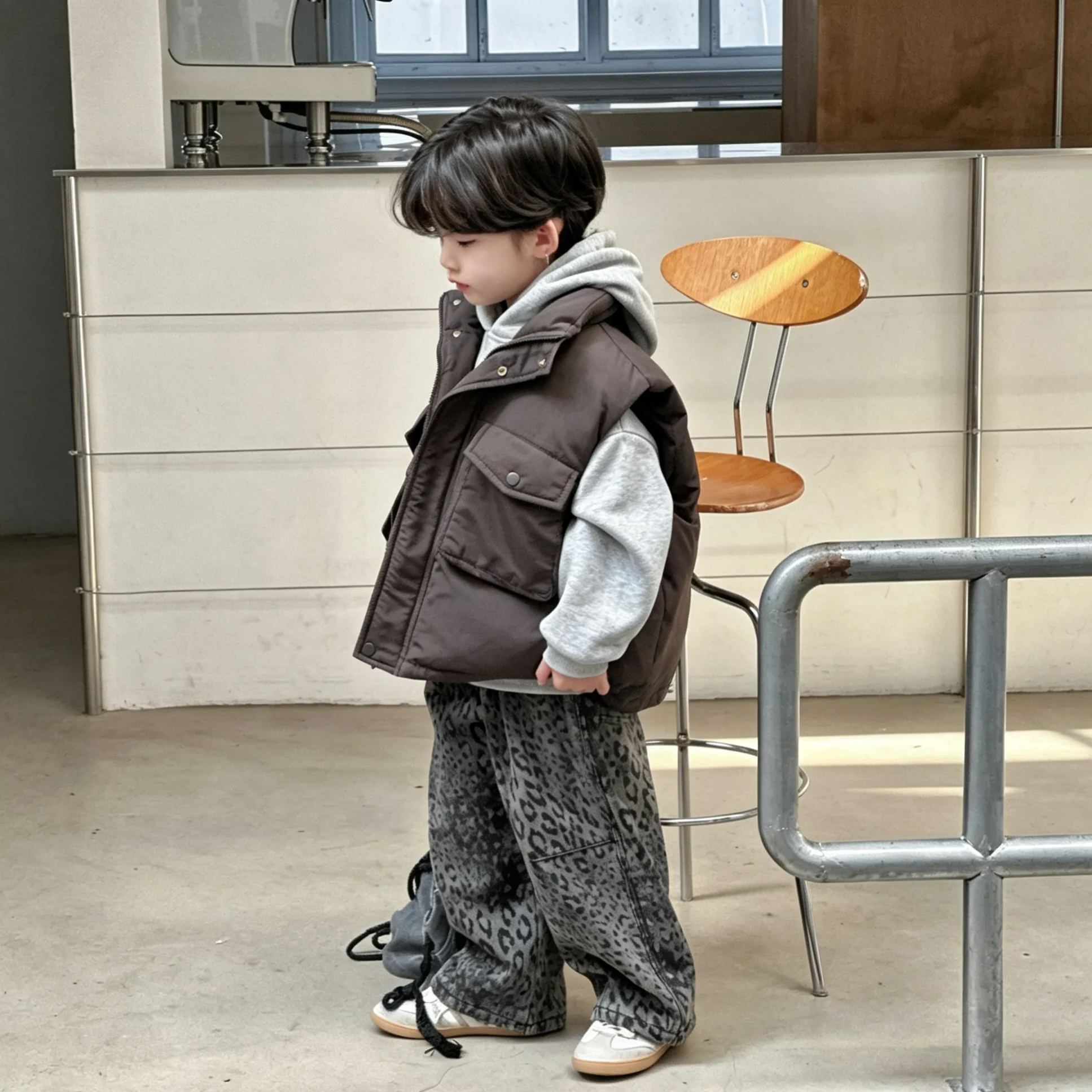 Kids Leopard Print Warm Fleece Denim Pants