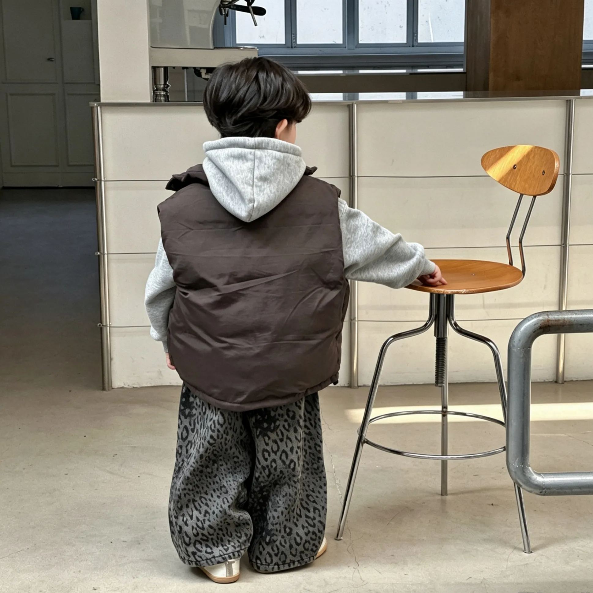 Kids Leopard Print Warm Fleece Denim Pants
