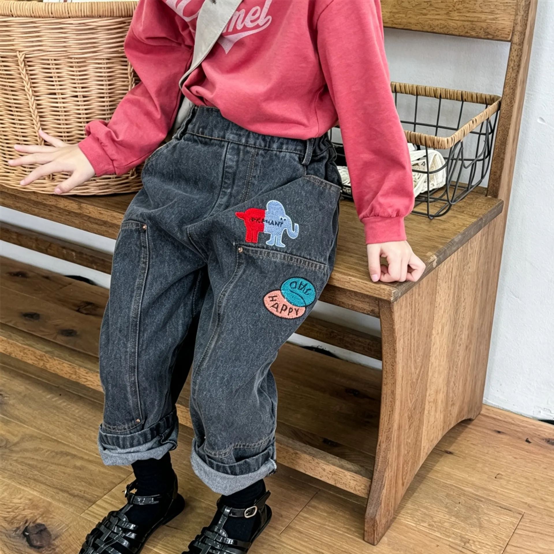Kids Embroidery Pattern Denim Pants