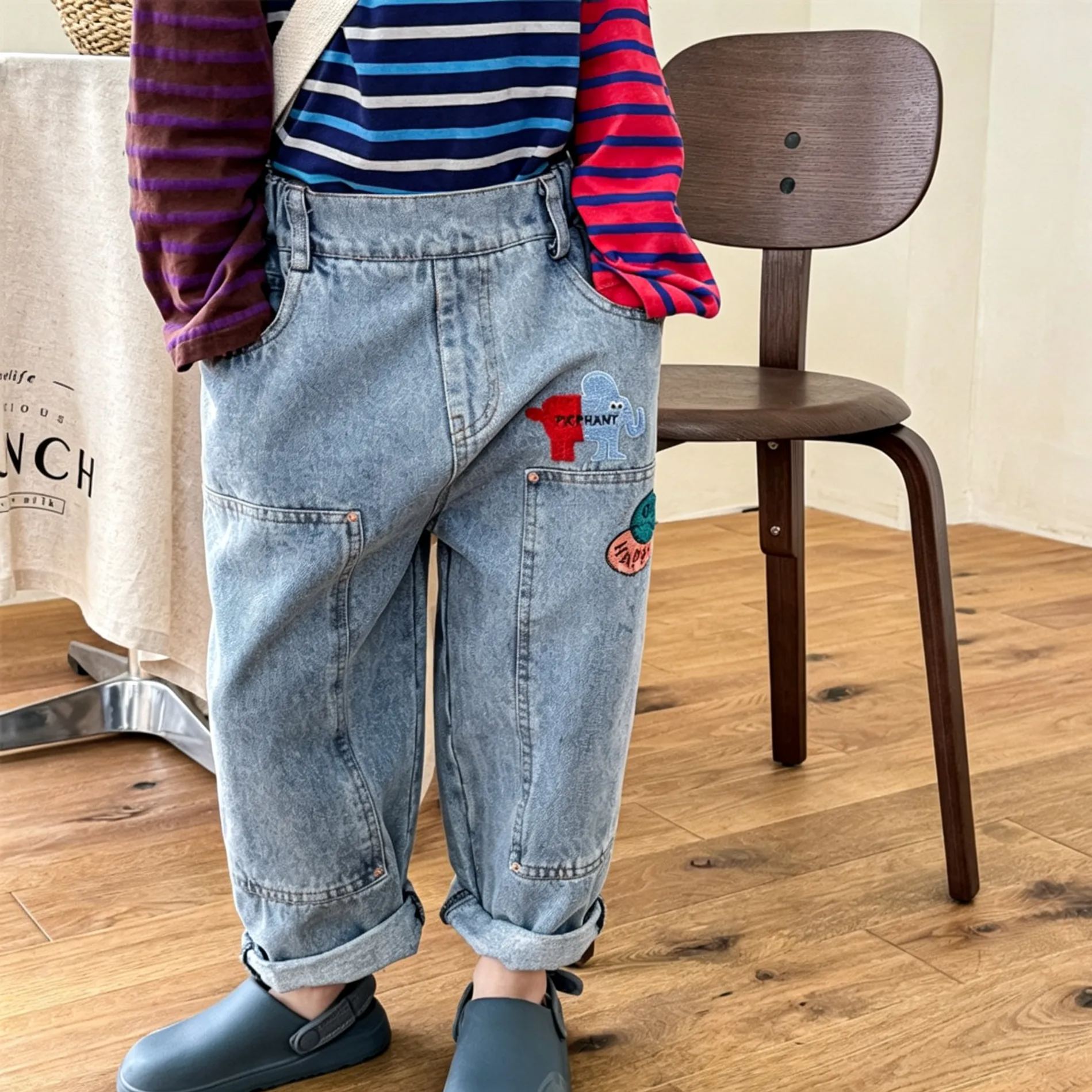 Kids Embroidery Pattern Denim Pants