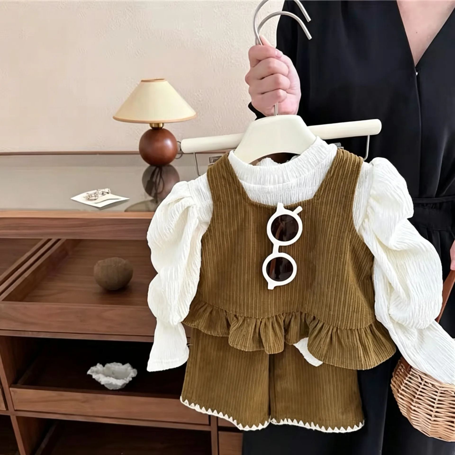 Kids Puff Sleeves Lace Vest 3-Piece Set