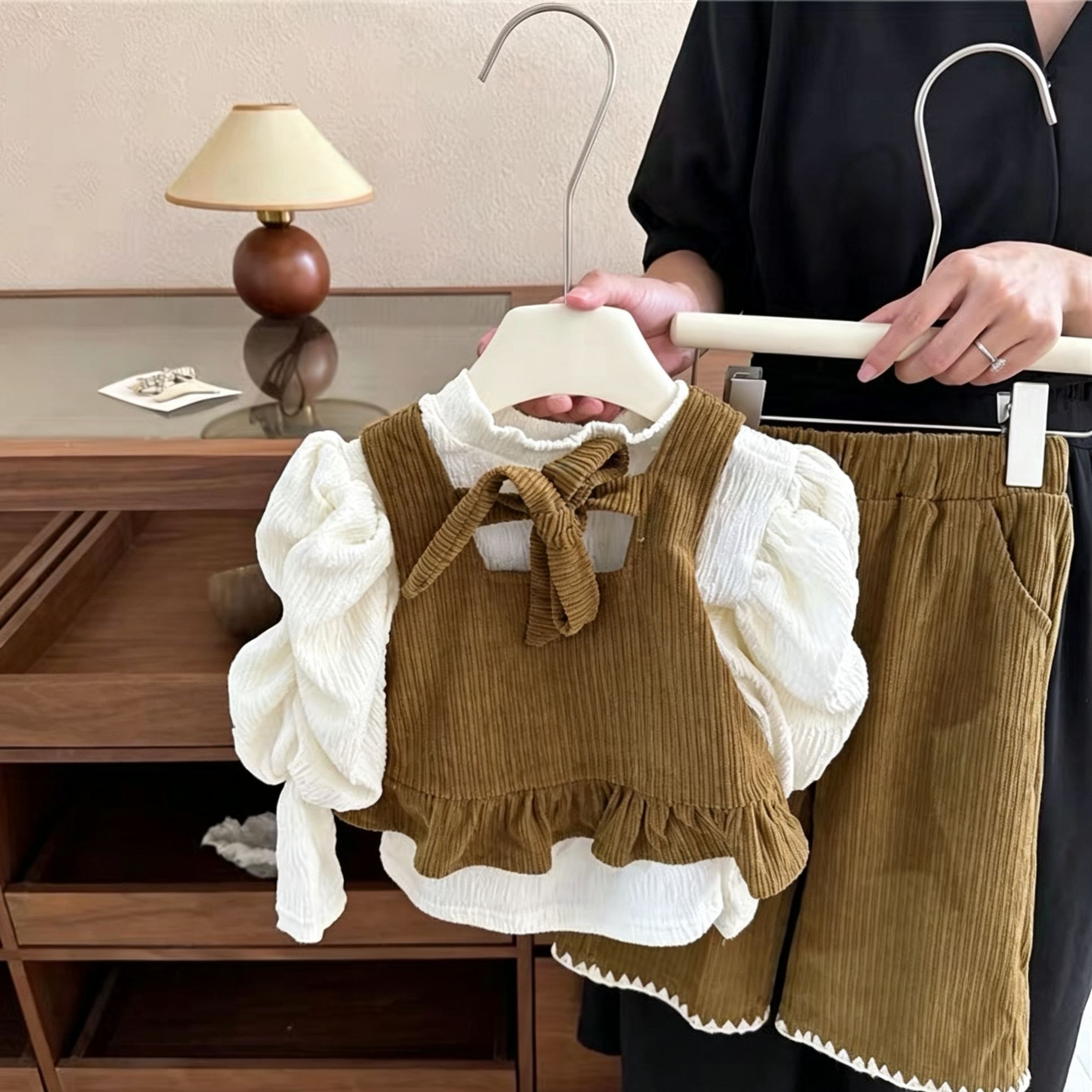 Kids Puff Sleeves Lace Vest 3-Piece Set