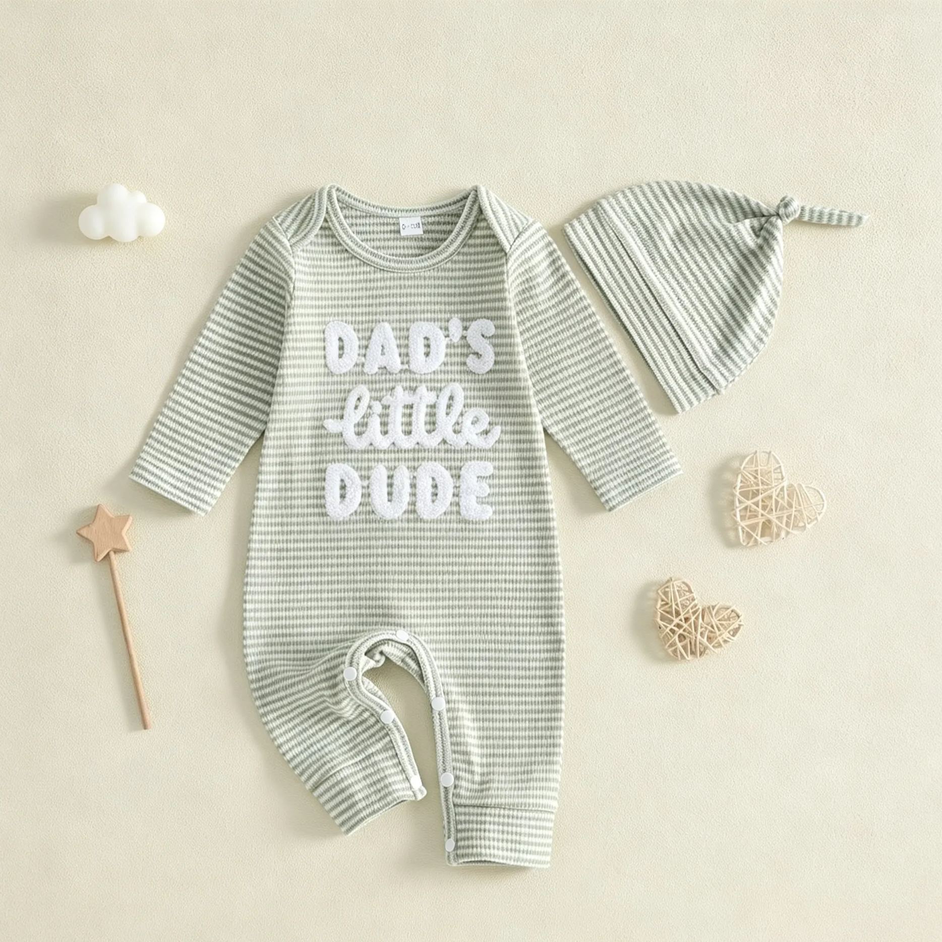 DAD'S LITTLE DUDE Baby Waffle Letter Embroidery Stripe Onesie with Hat