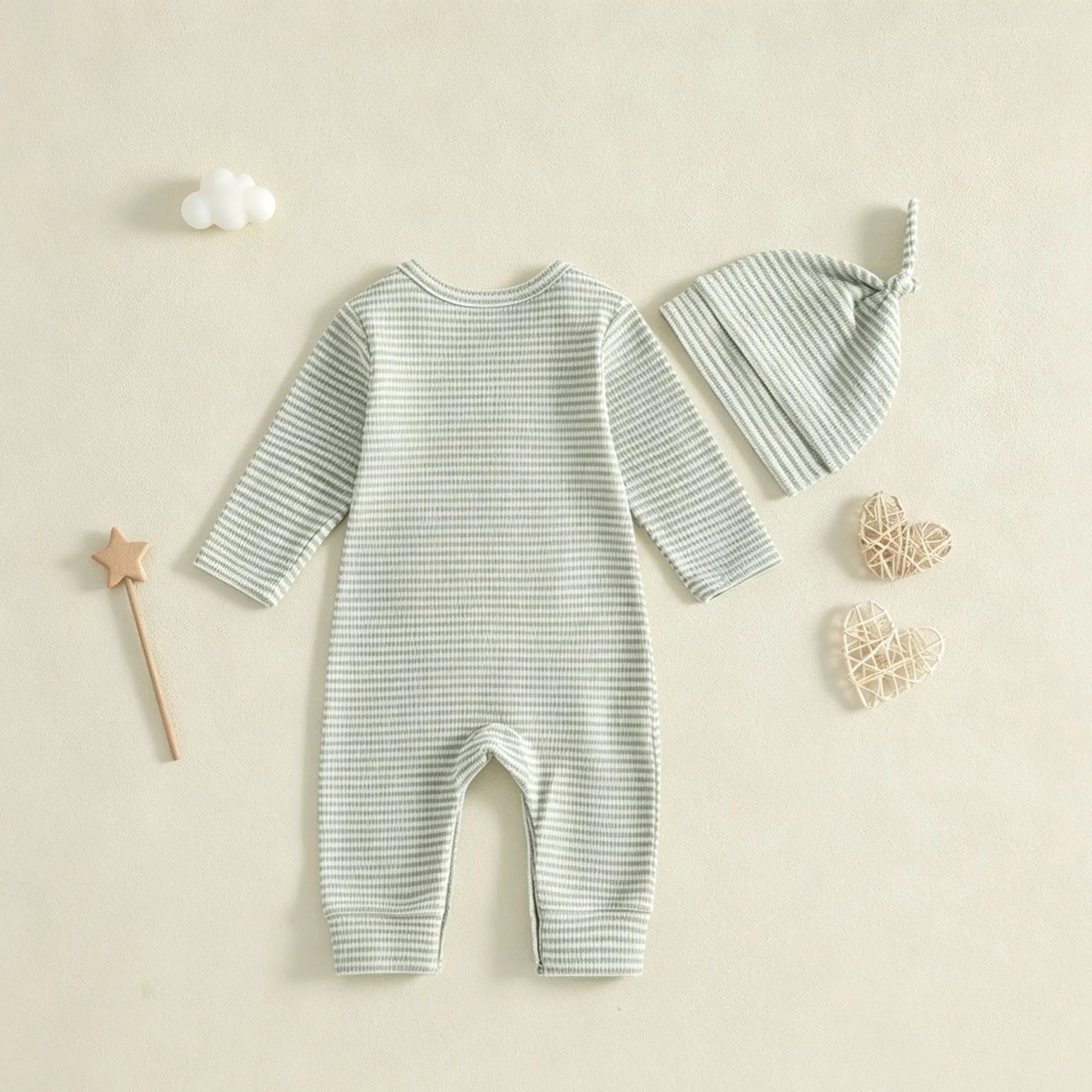 DAD'S LITTLE DUDE Baby Waffle Letter Embroidery Stripe Onesie with Hat