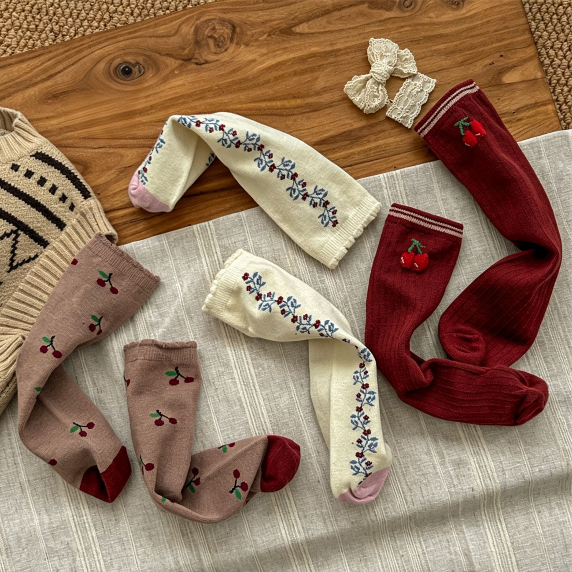 Kids Color Blocking Cherry Floral Knee High Socks