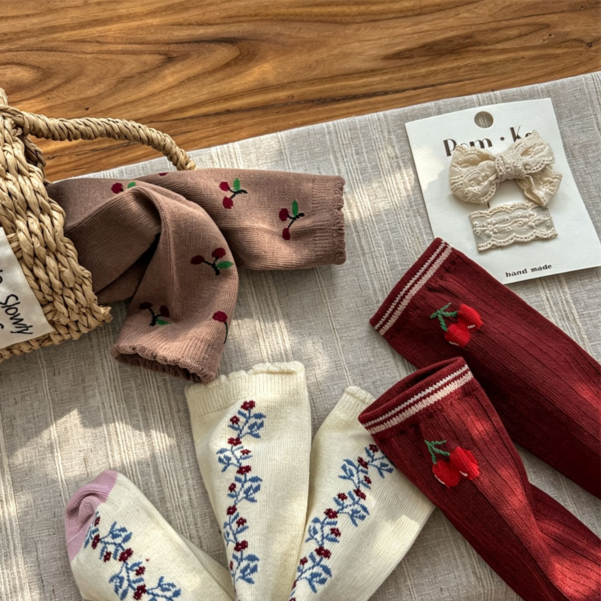 Kids Color Blocking Cherry Floral Knee High Socks