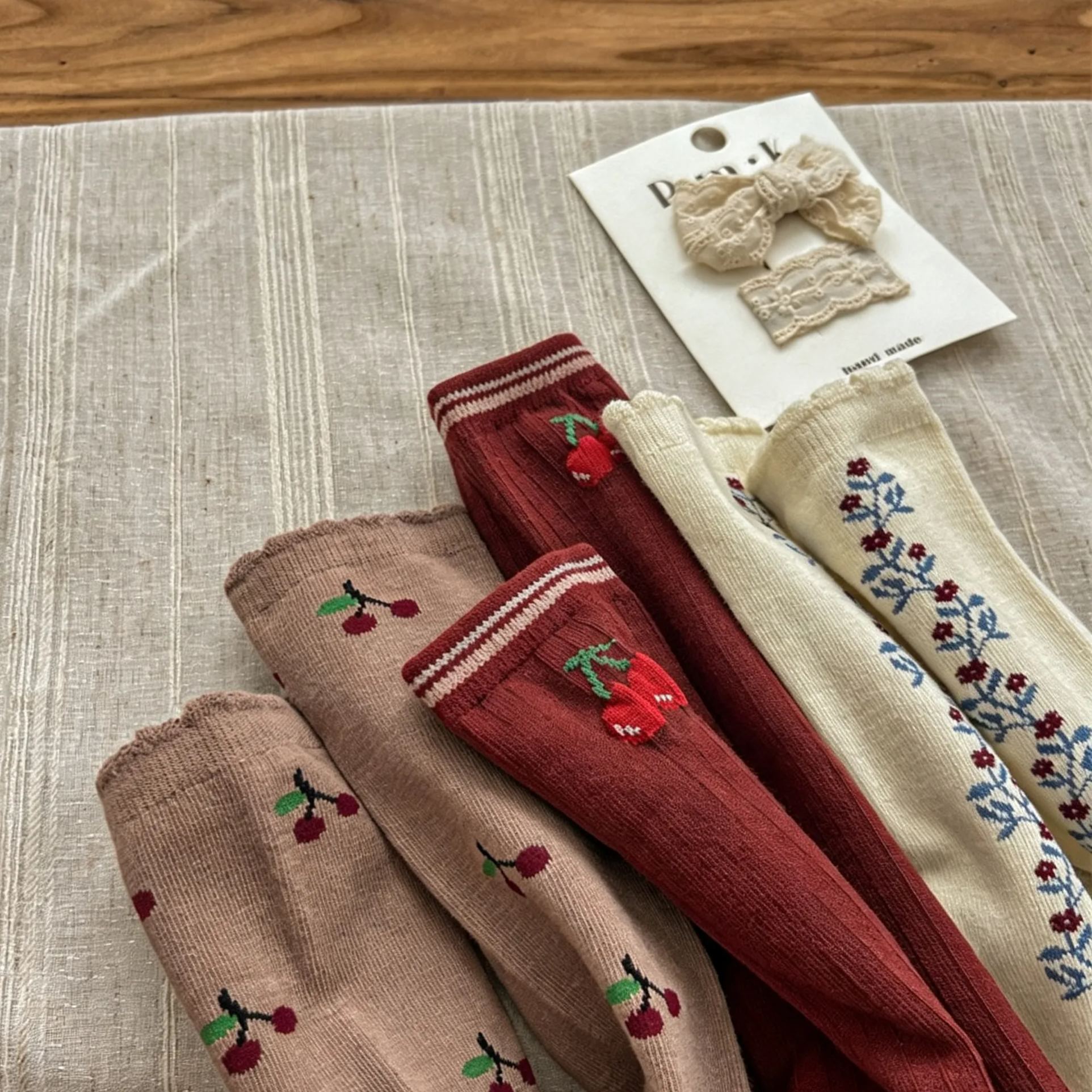 Kids Color Blocking Cherry Floral Knee High Socks