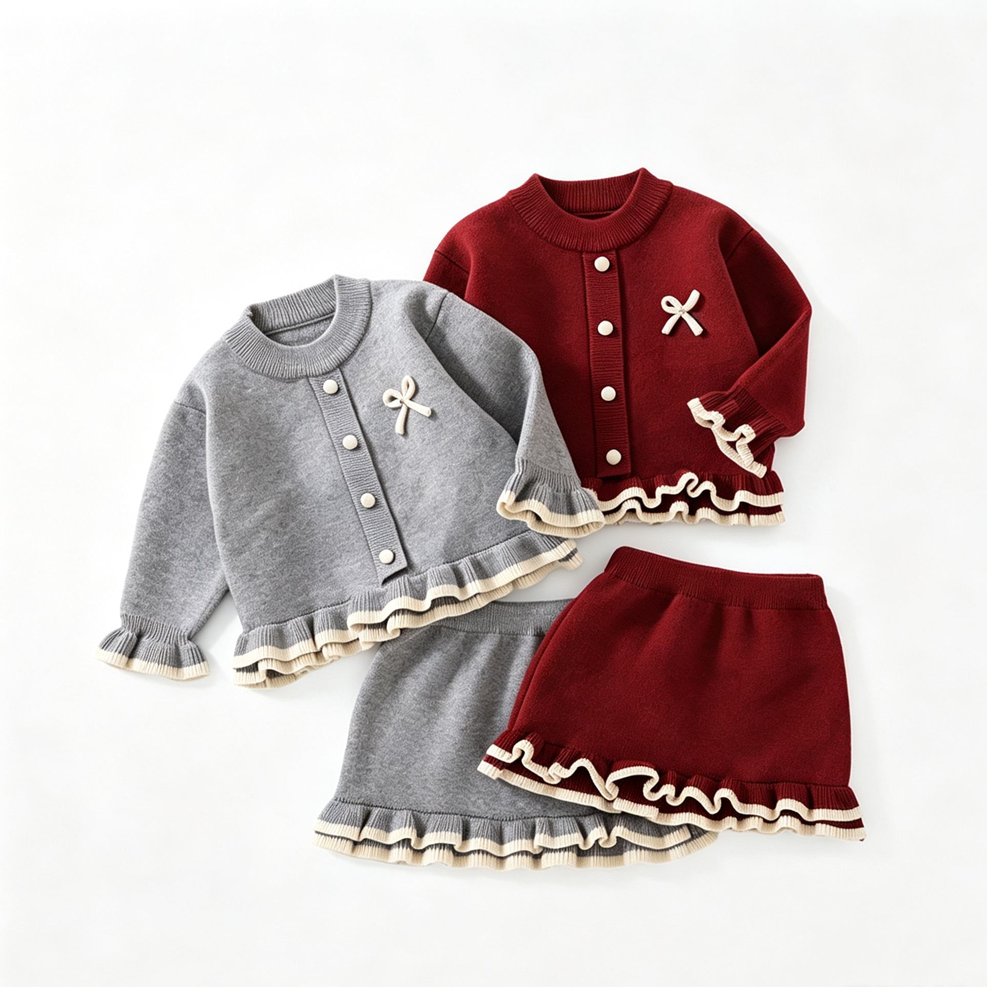 Kids Bow Ruffles Sweater and Skirt Set