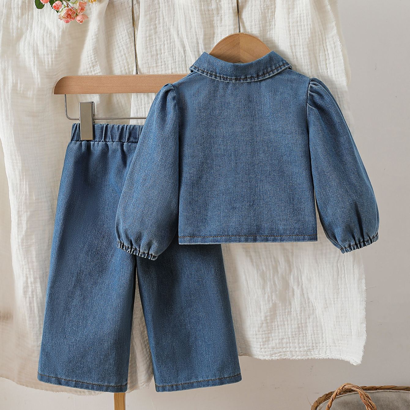 Baby Flower Embroidery Wash Denim 2-piece set
