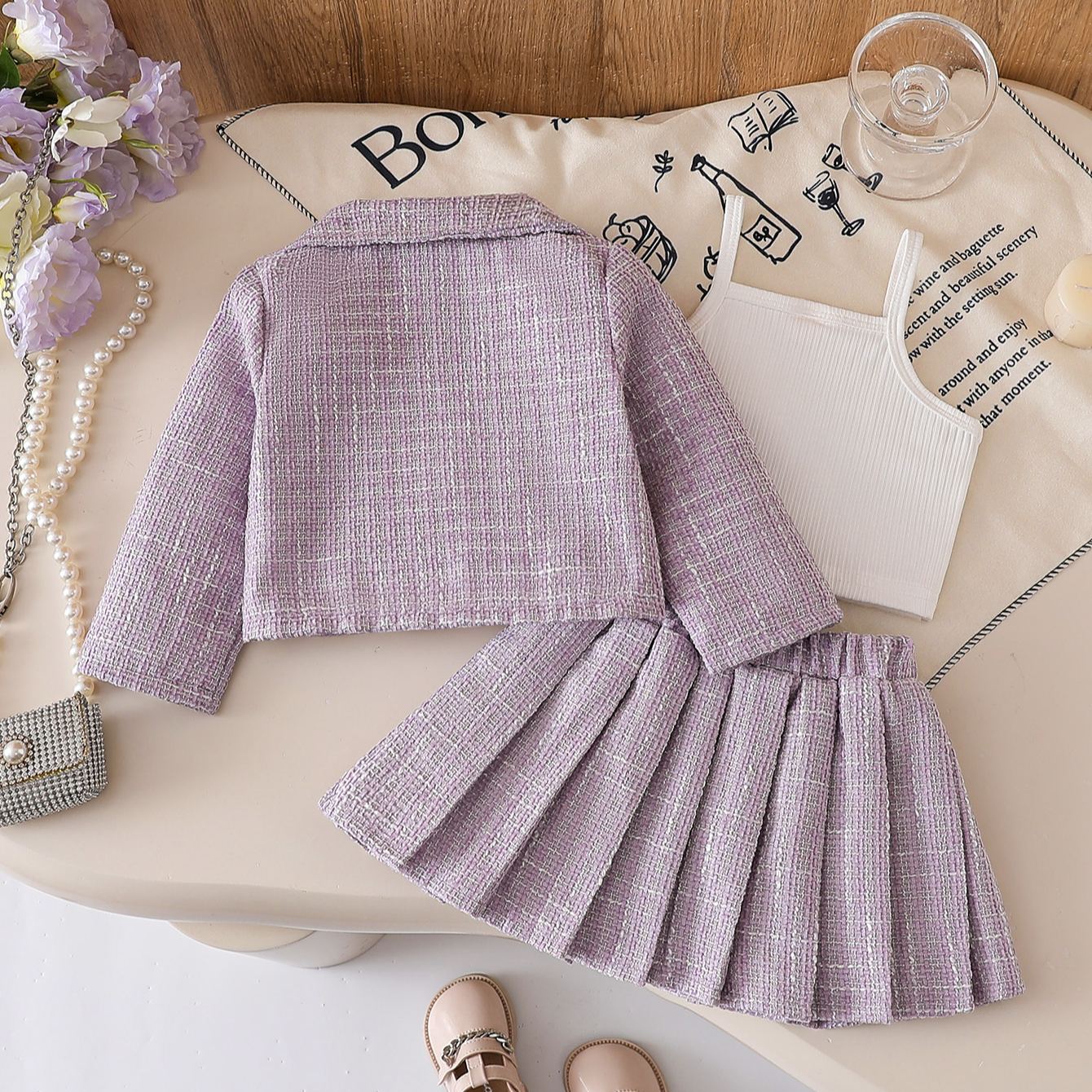 Baby Flowers Outerwear and Pleated Skirt 3-Piece Set