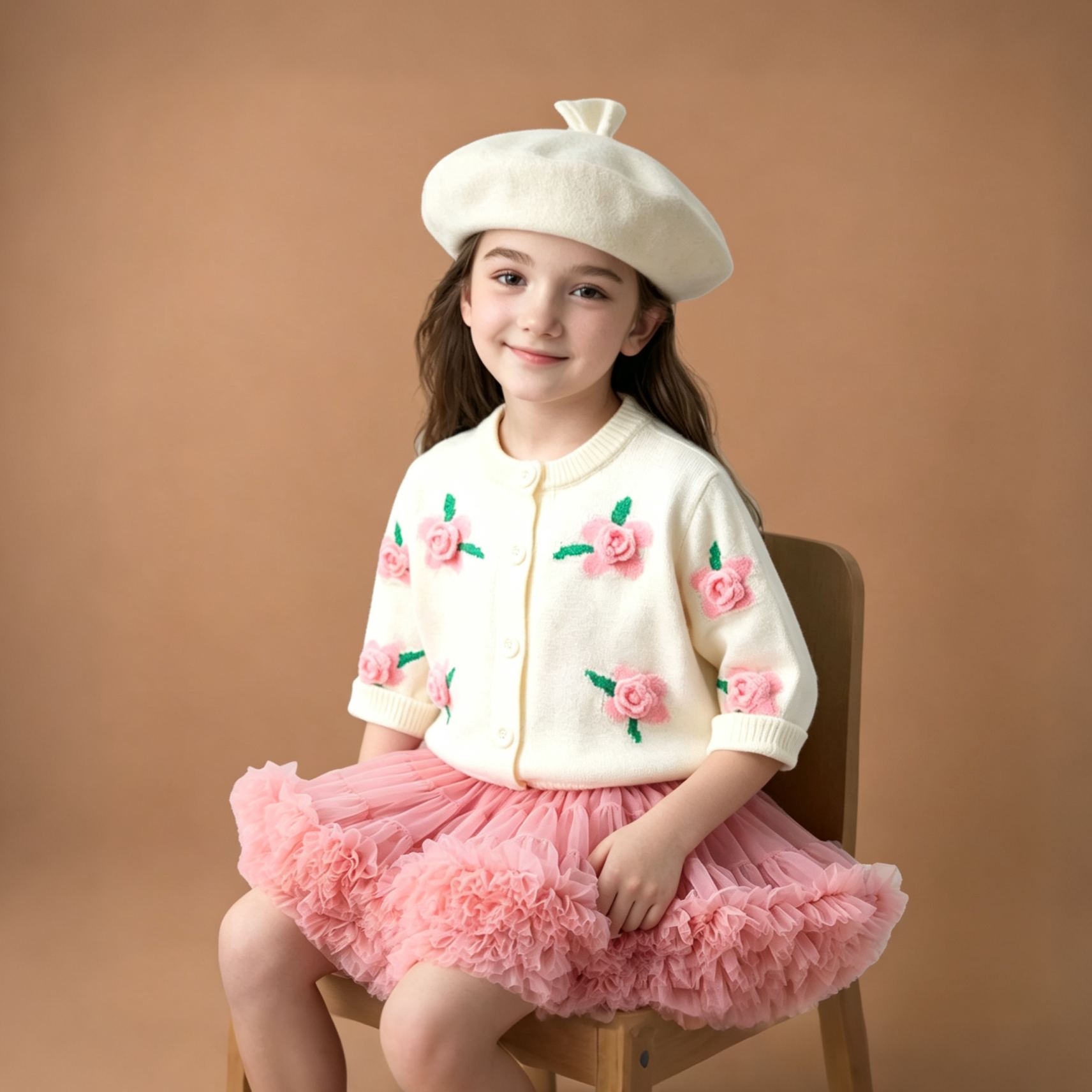 Kids Crew Neck Flower Sweater and Tulle Skirt Set