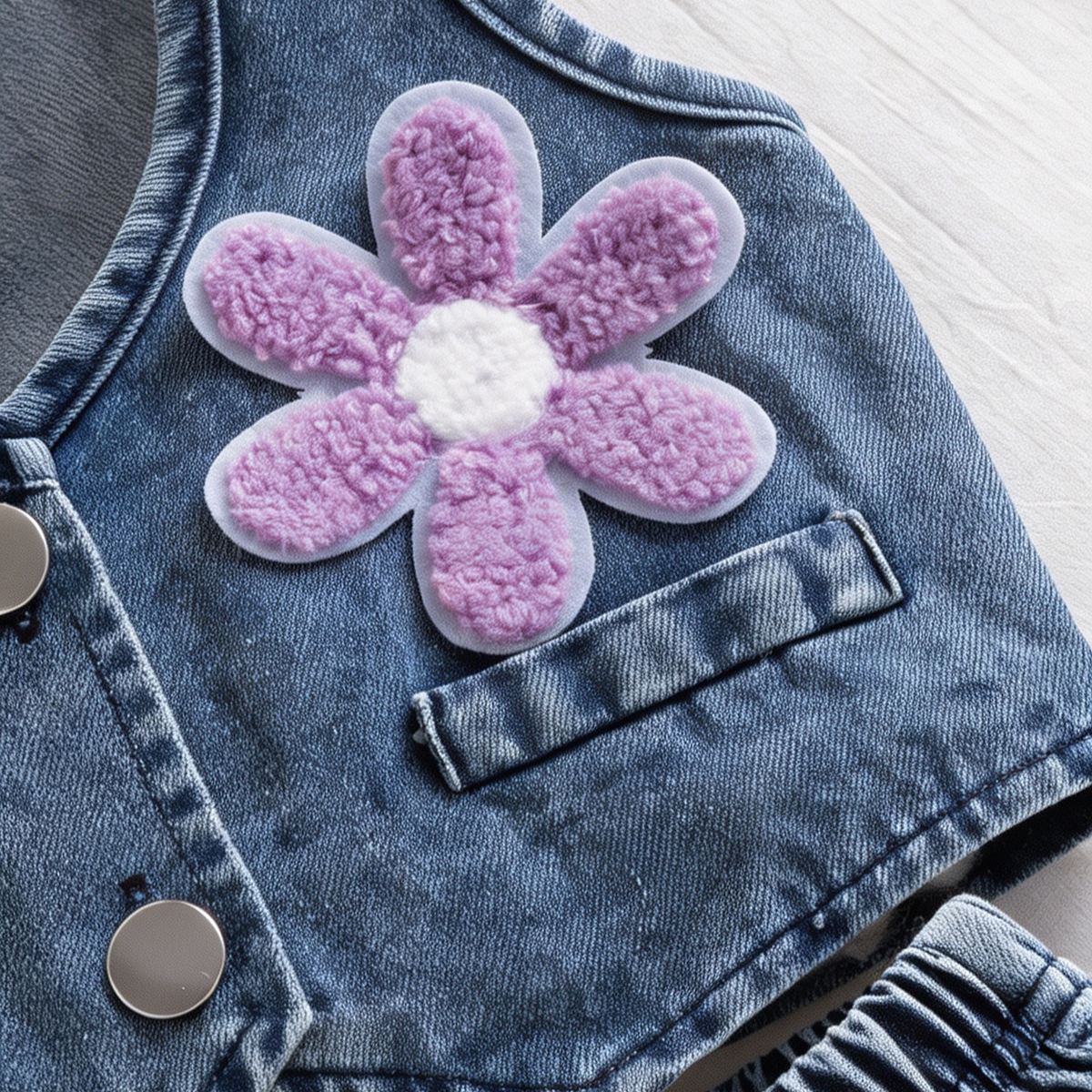 Baby Flower Embroidery Washed Denim 3-Piece Set