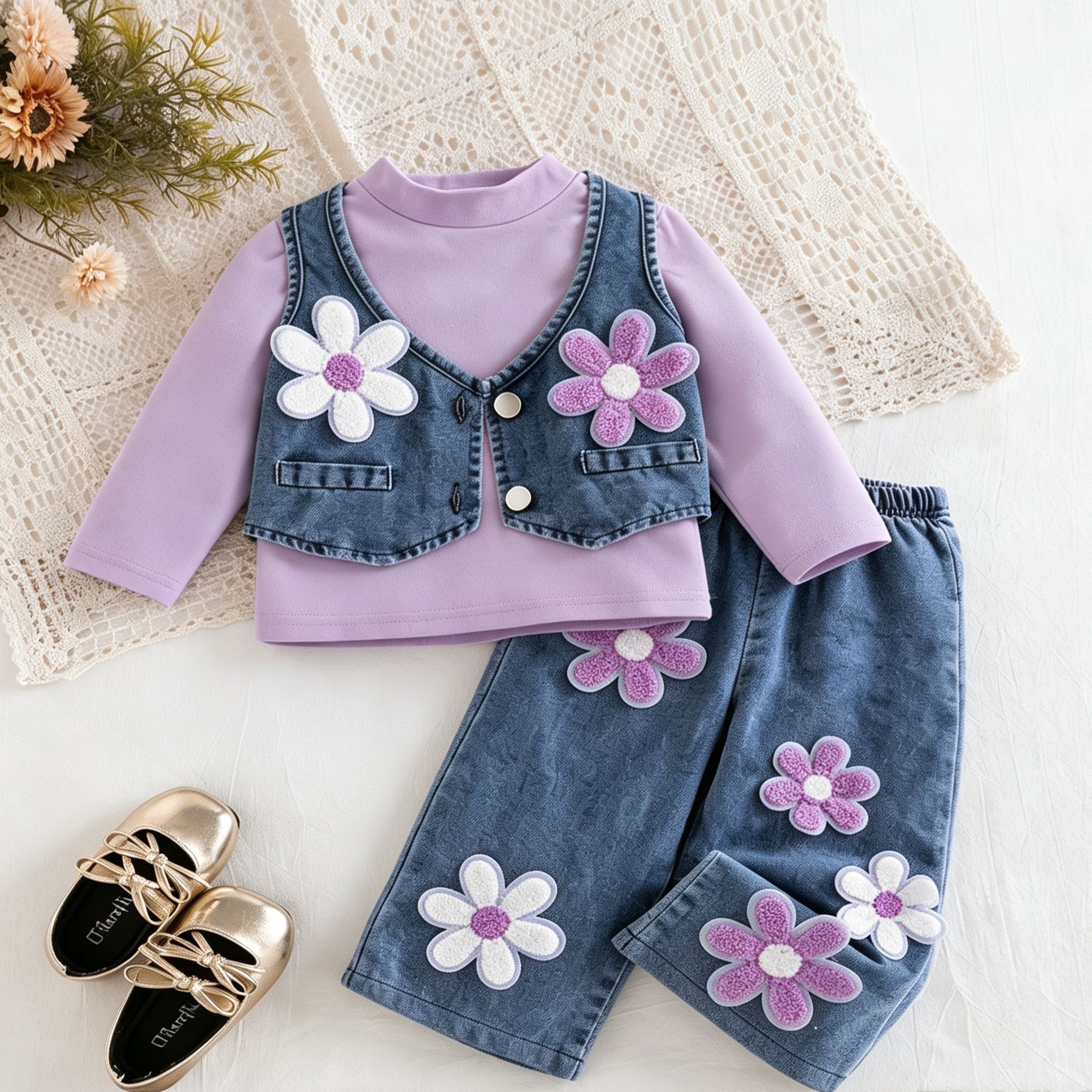 Baby Flower Embroidery Washed Denim 3-Piece Set