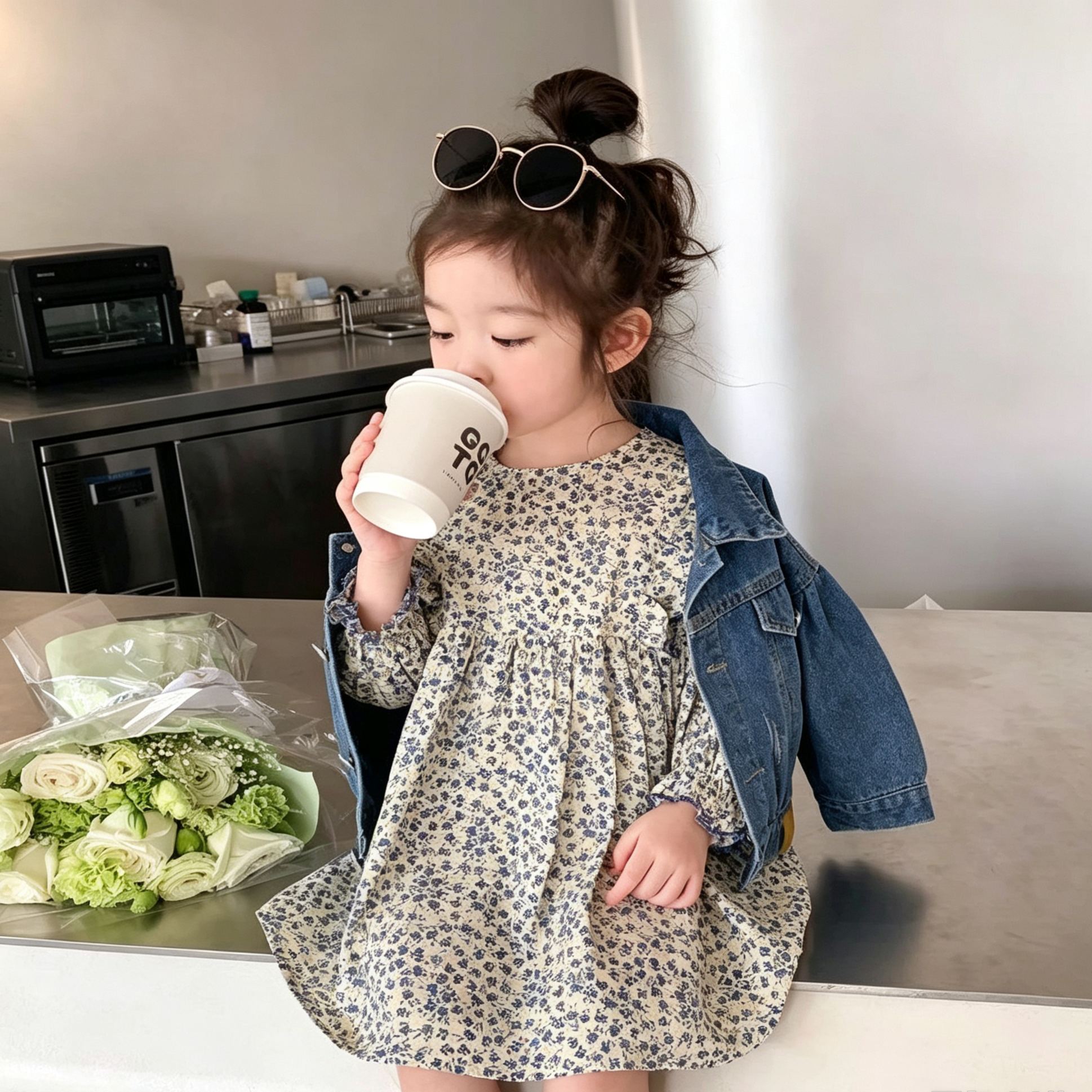 Kids Floral Dress and Denim Outerwear Set