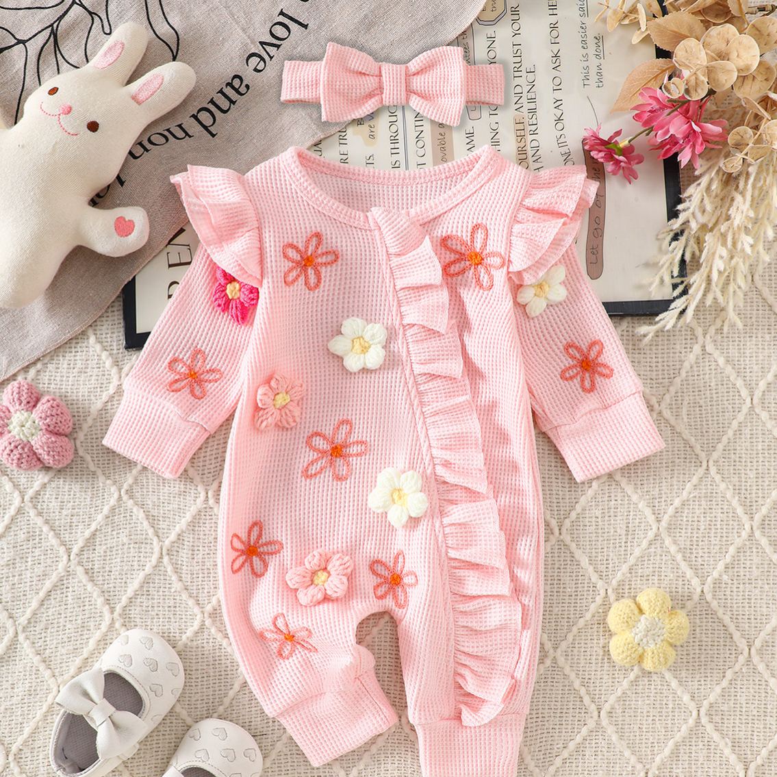 Baby Flowers Lace Romper With Bow Headband