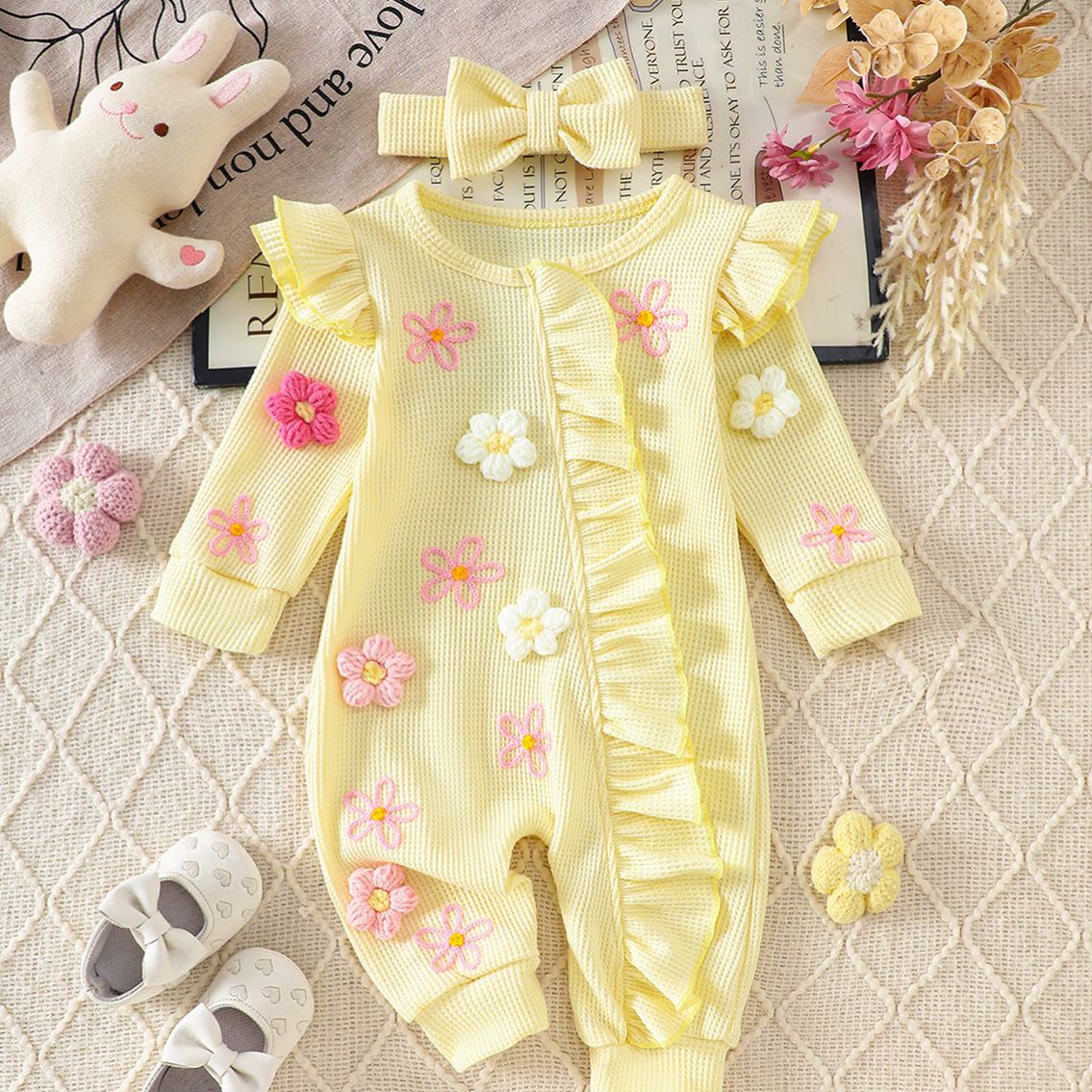 Baby Flowers Lace Romper With Bow Headband