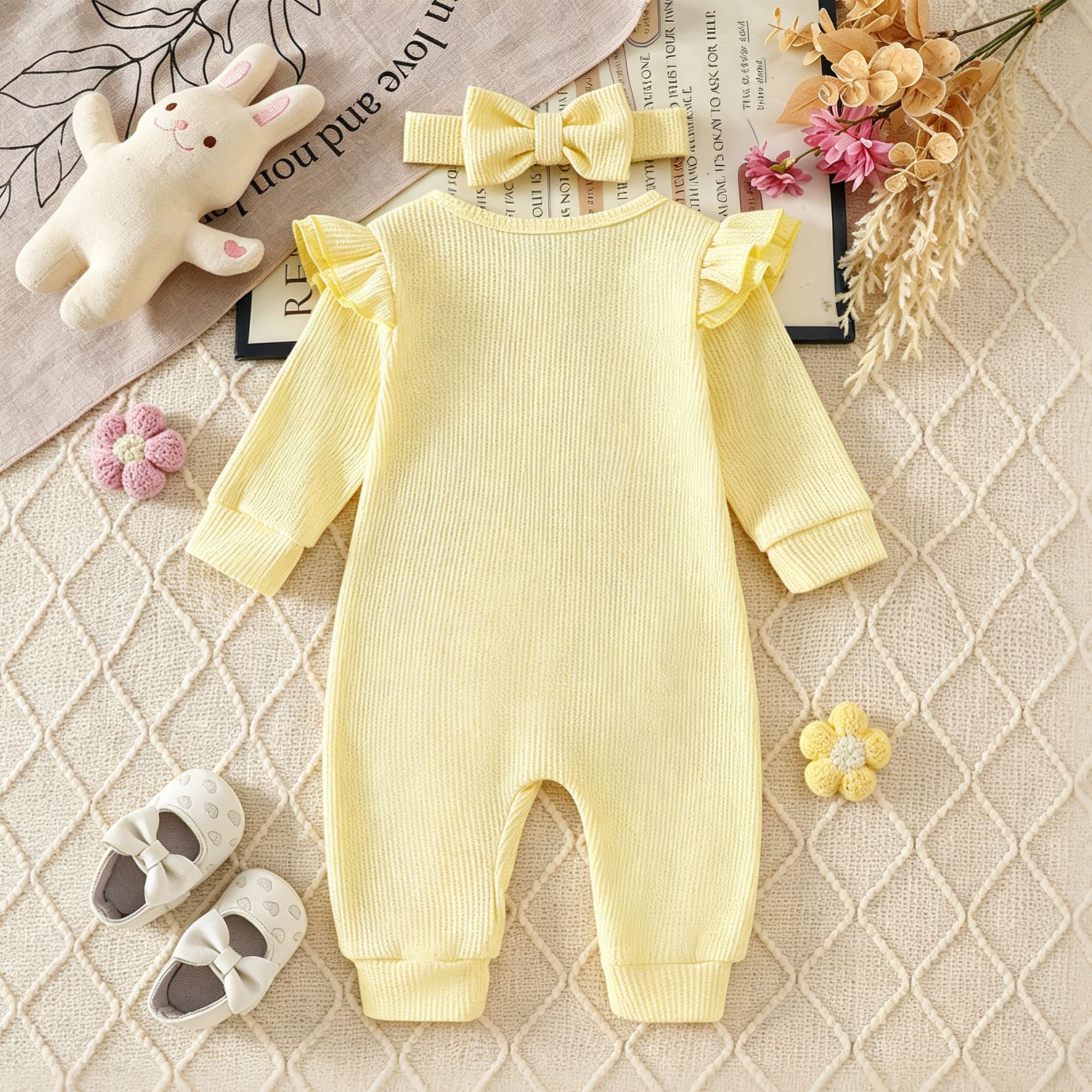 Baby Flowers Lace Romper With Bow Headband