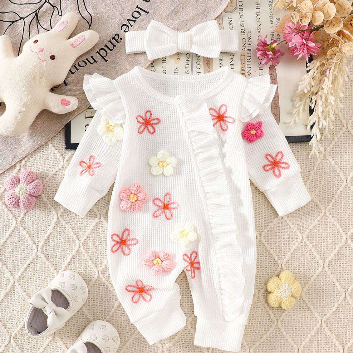 Baby Flowers Lace Romper With Bow Headband