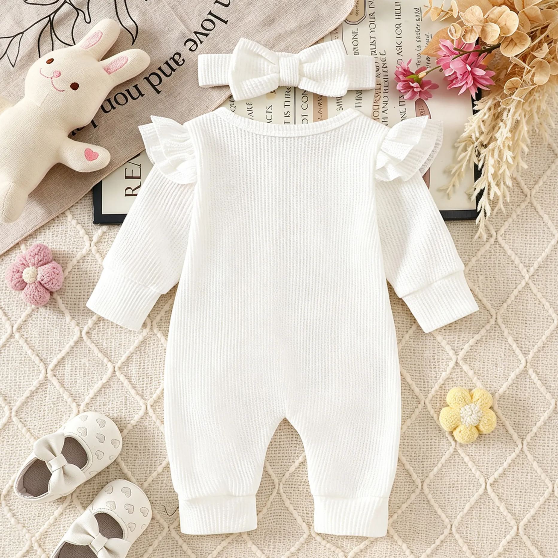 Baby Flowers Lace Romper With Bow Headband