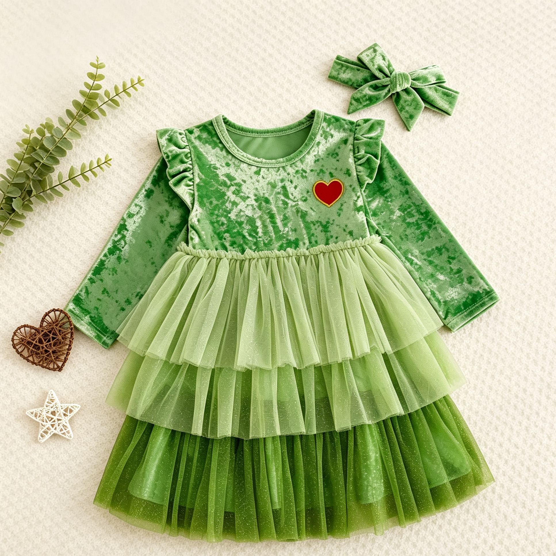 Toddler Christmas Heart Gradient Mesh Dress With Headband