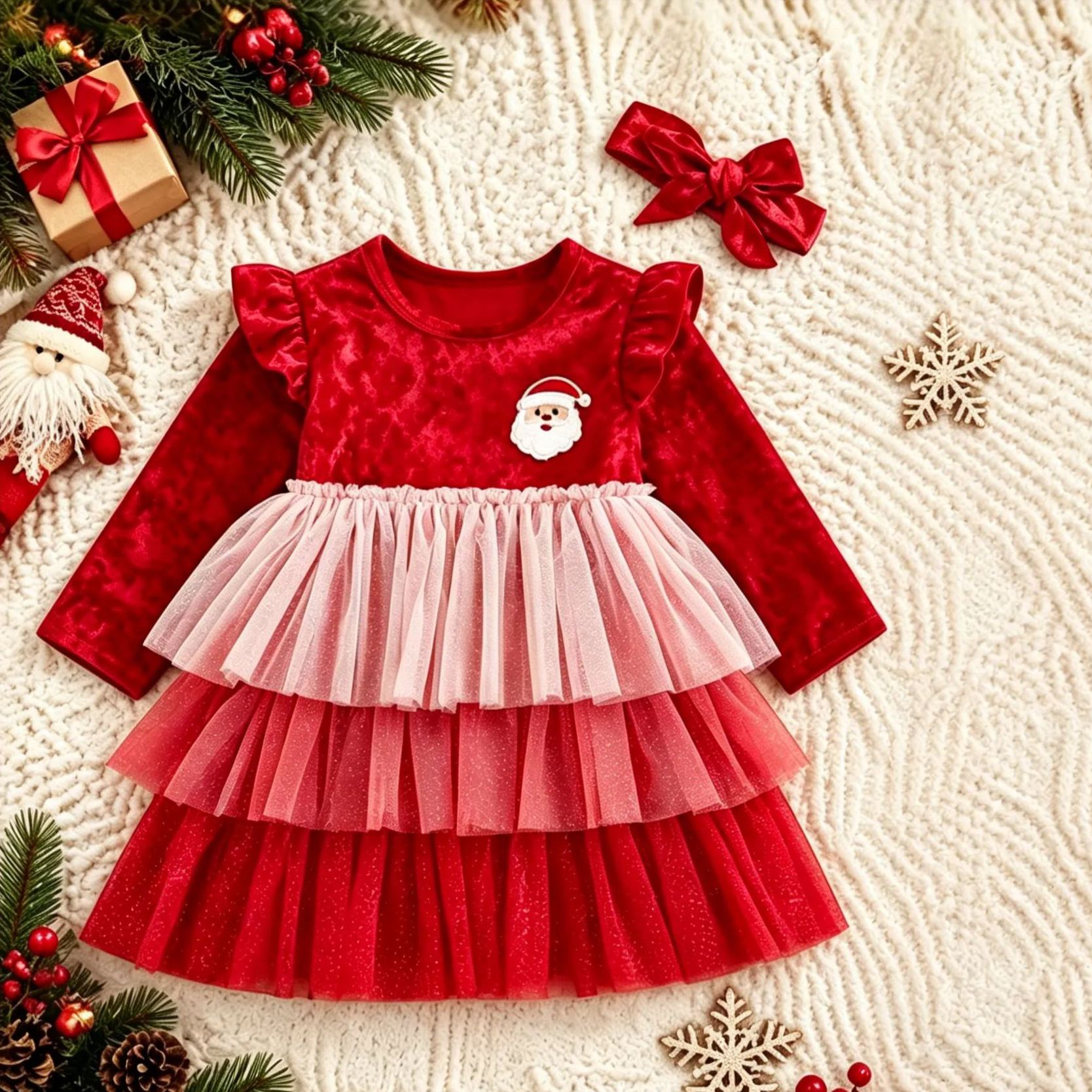 Toddler Christmas Heart Gradient Mesh Dress With Headband