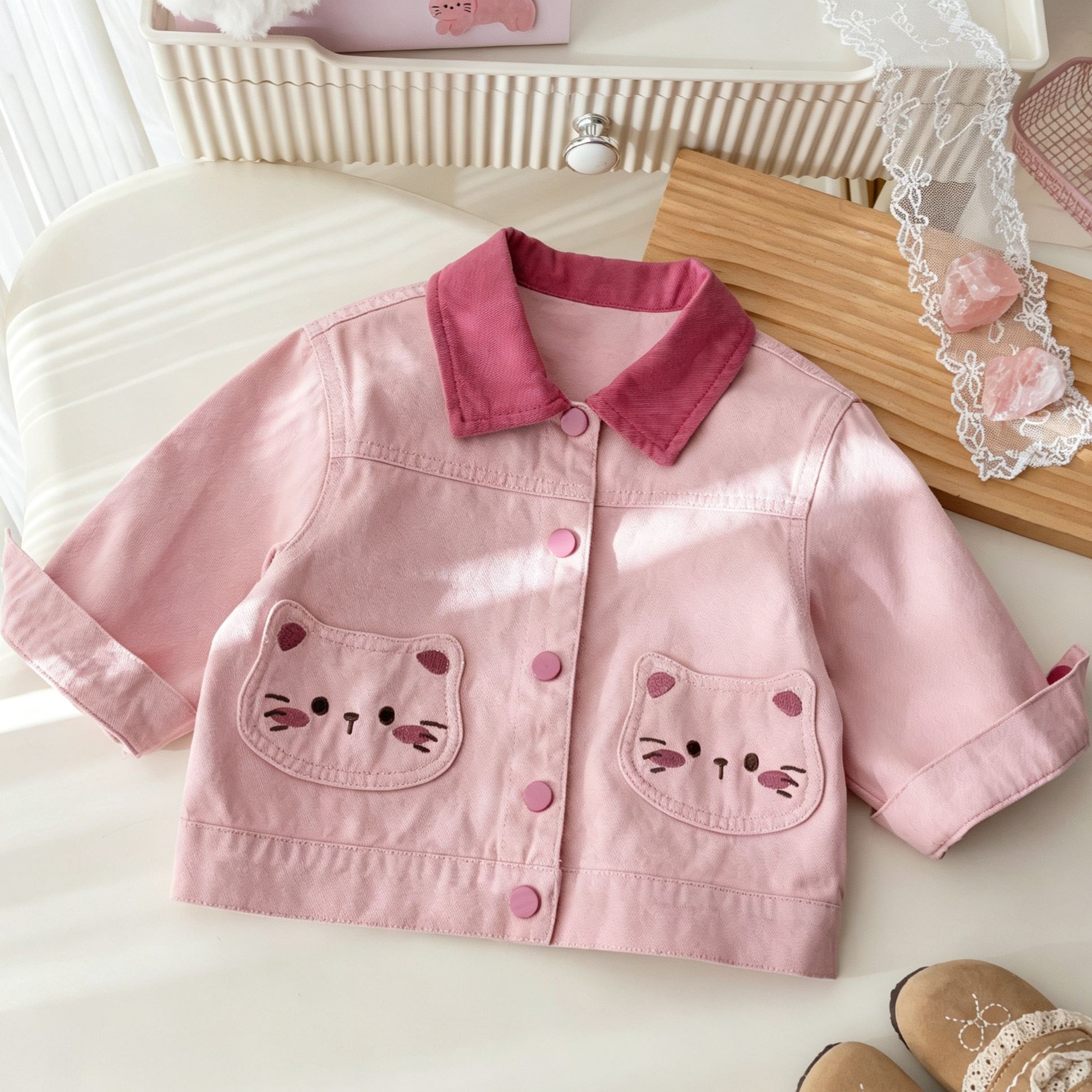Kids Cat Pocket Lapel Outerwear