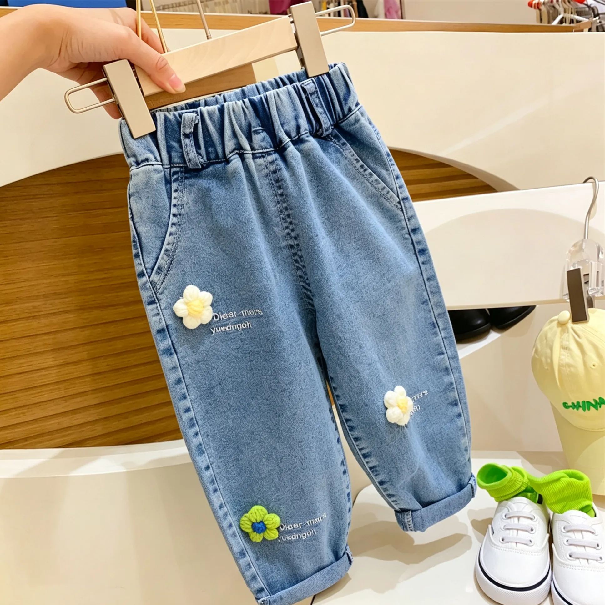 Kids Flower Cherry Heart Pattern Denim Pants