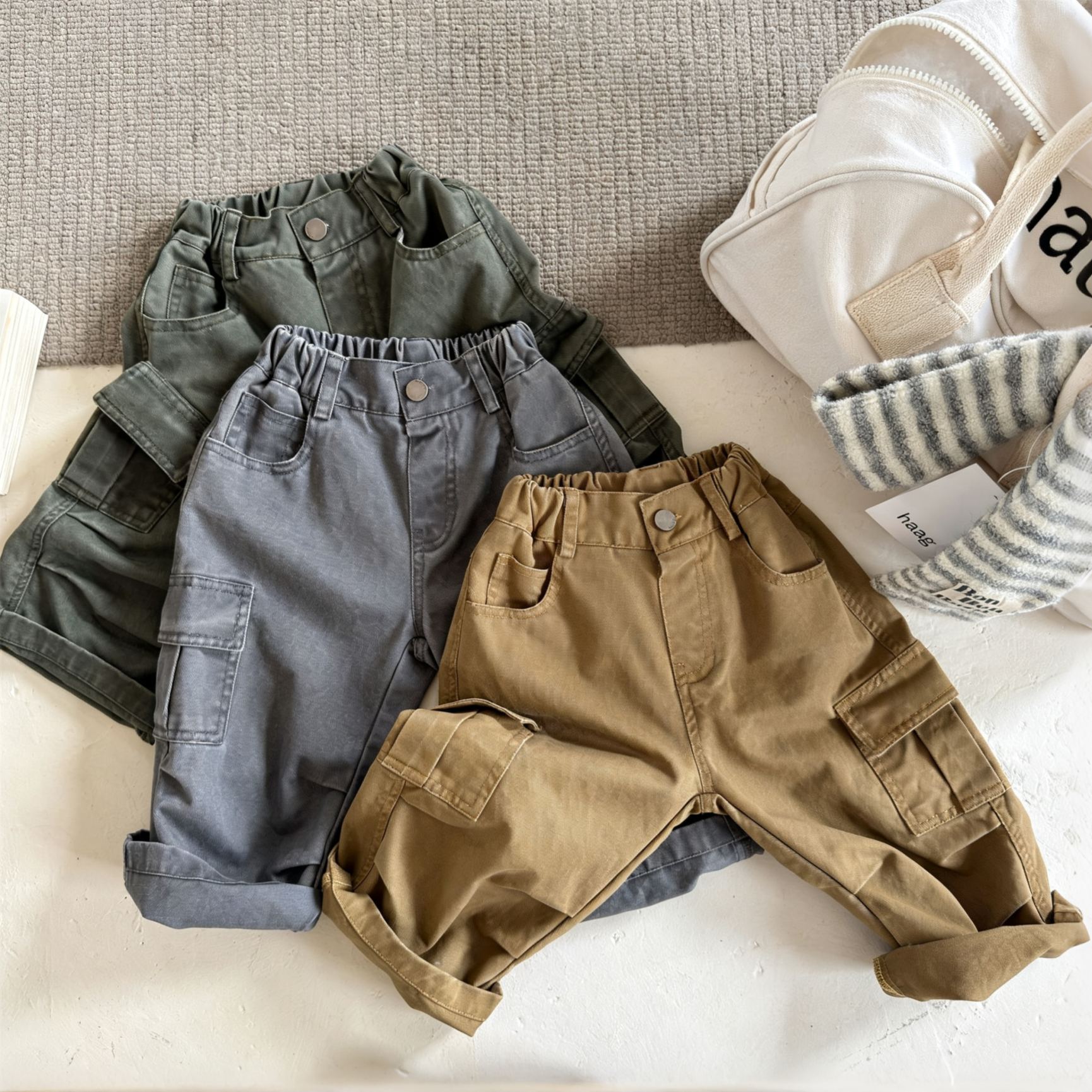 Kids Solid Color Cargo Denim Pants