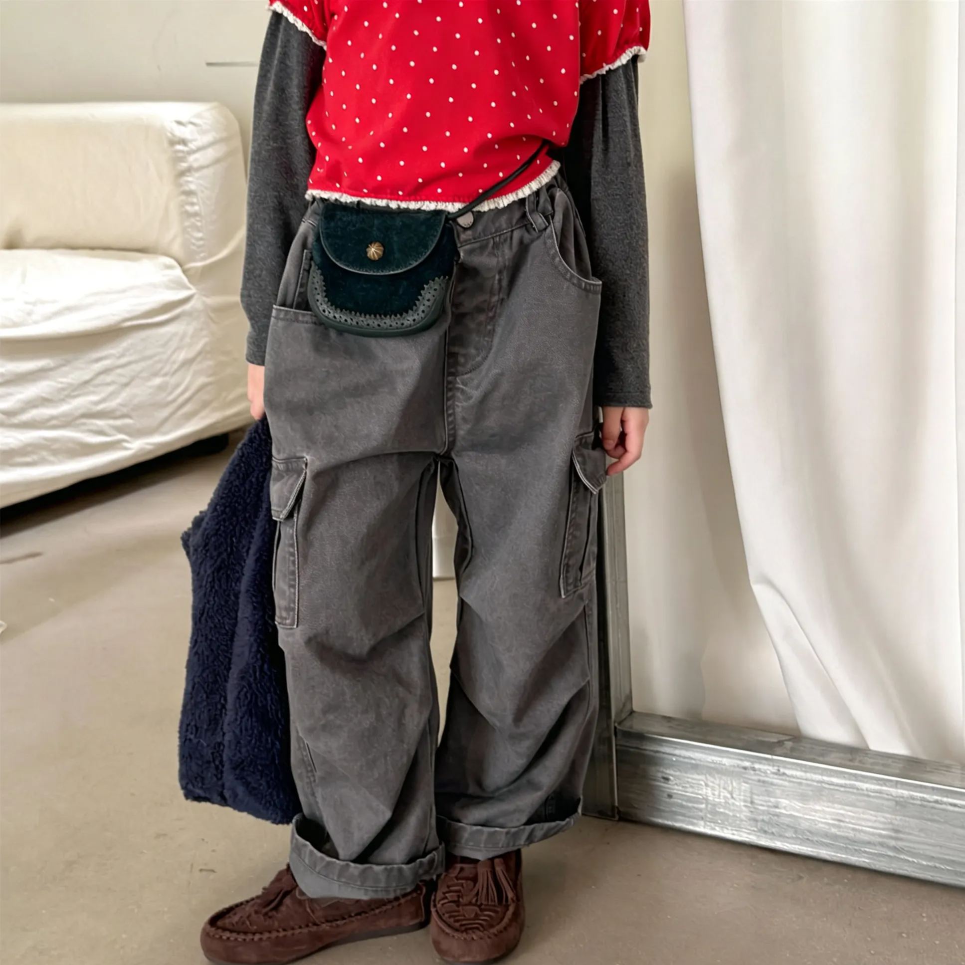 Kids Solid Color Cargo Denim Pants
