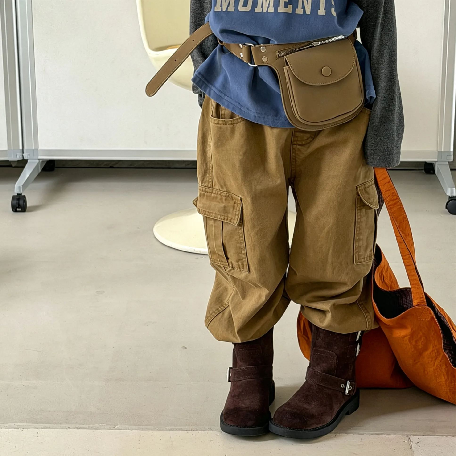 Kids Solid Color Cargo Denim Pants