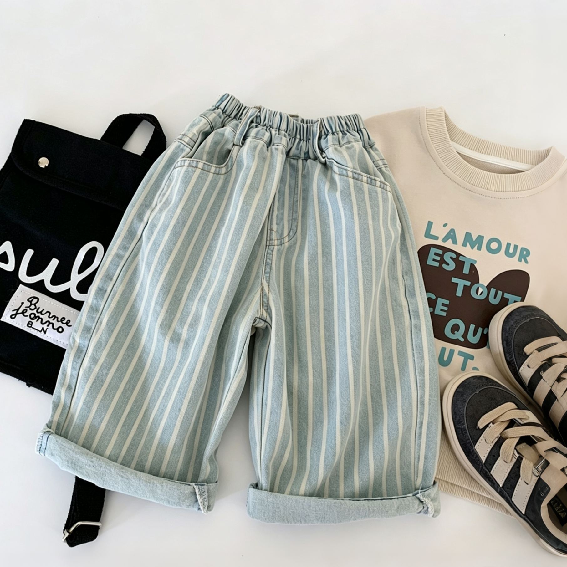Kids Stripe Loose Denim Pants