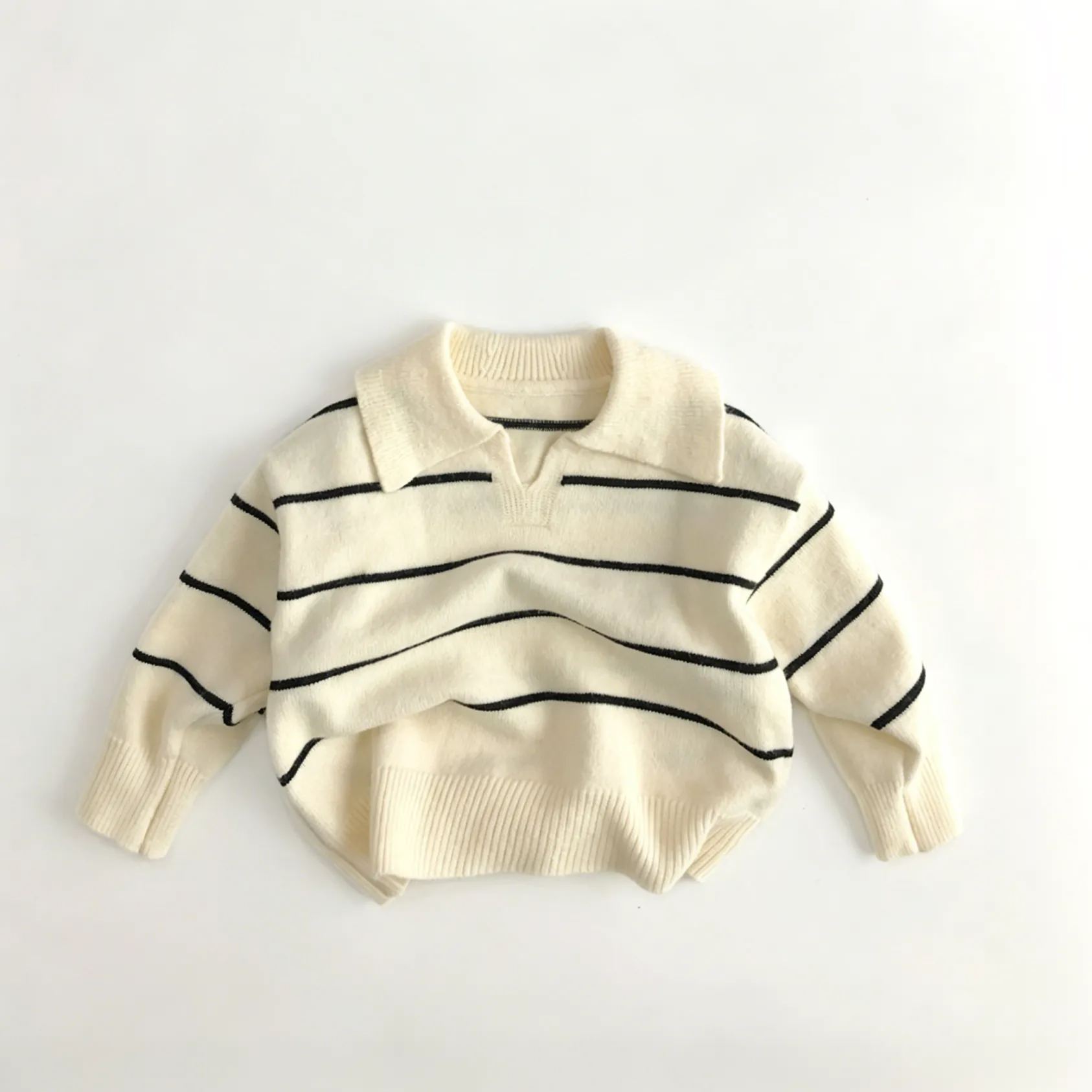 Kids Striped Knit V-Neck Collar Sweater