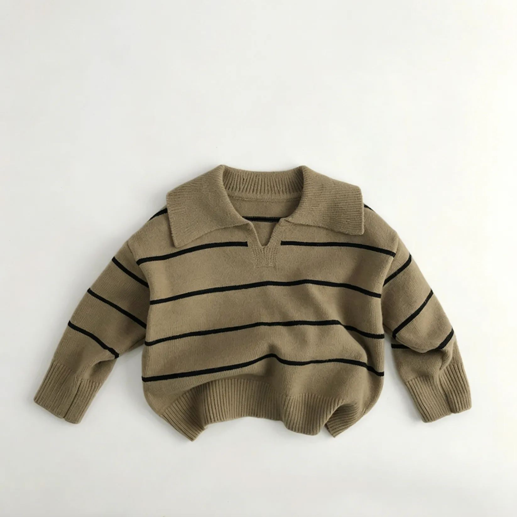 Kids Striped Knit V-Neck Collar Sweater