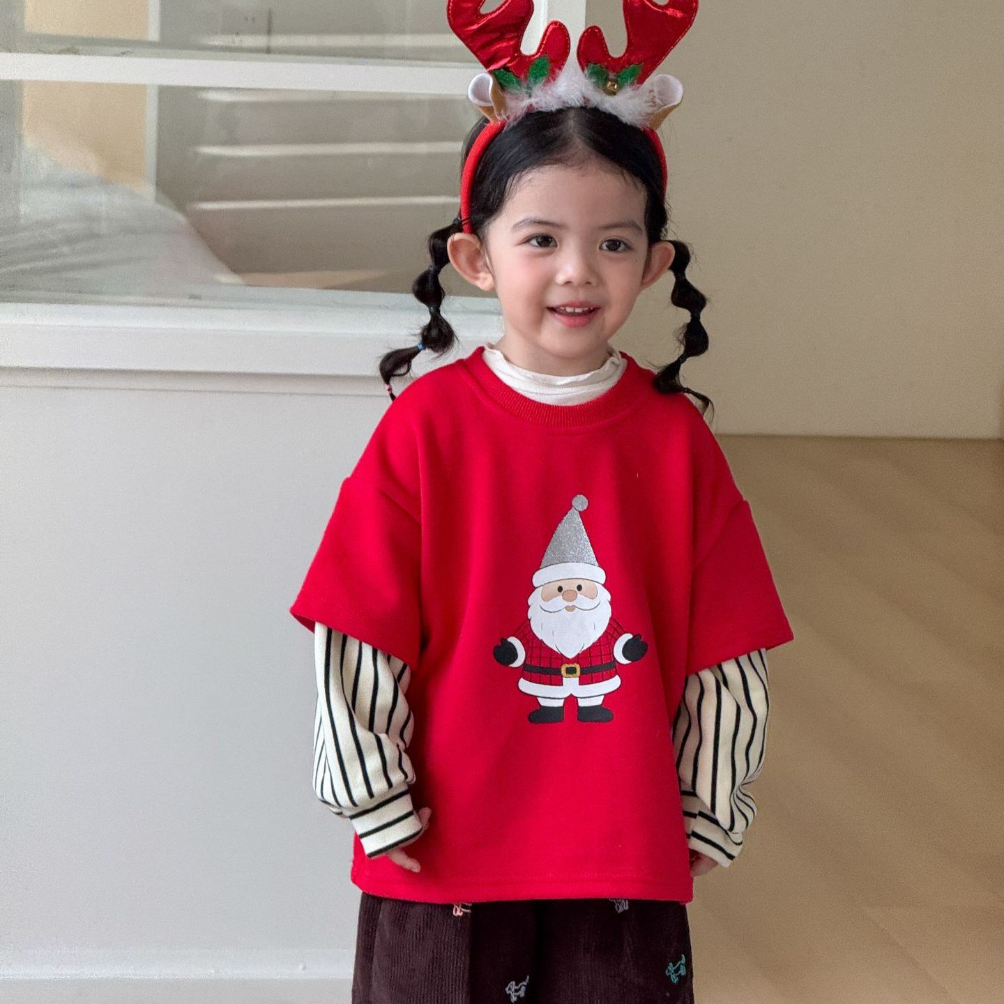 Kids Christmas Stripe Faux Two-Piece T-shirt