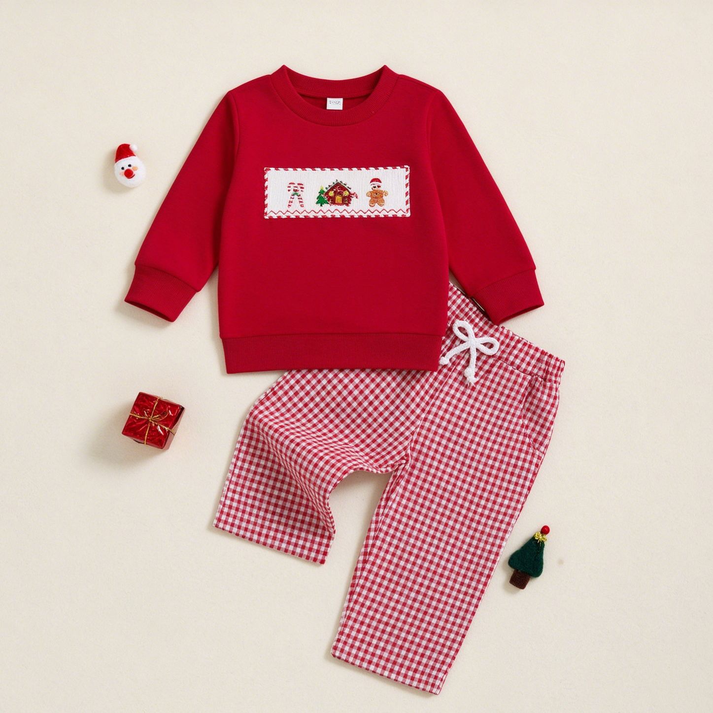 Baby Toddler Christmas patterns T-shirt and Checkered Pants Set