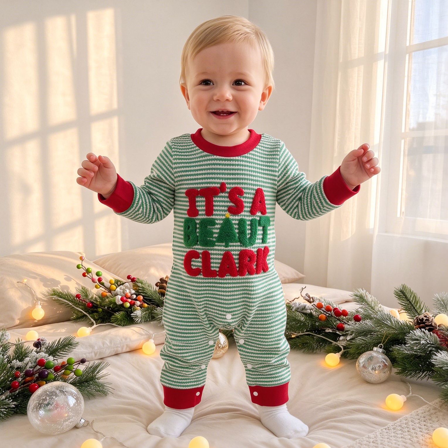 Baby Letter Embroidery Color Blocking Stripe Waffle Romper