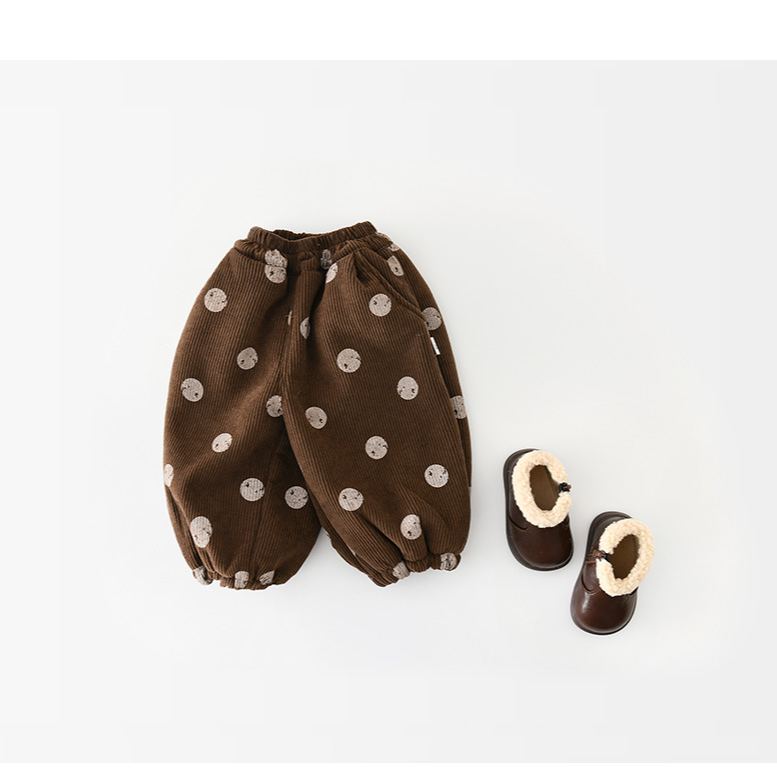 Boys Girls Brown Polka Dot Fleece Lined Thick Corduroy Pants