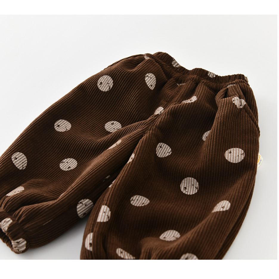Boys Girls Brown Polka Dot Fleece Lined Thick Corduroy Pants