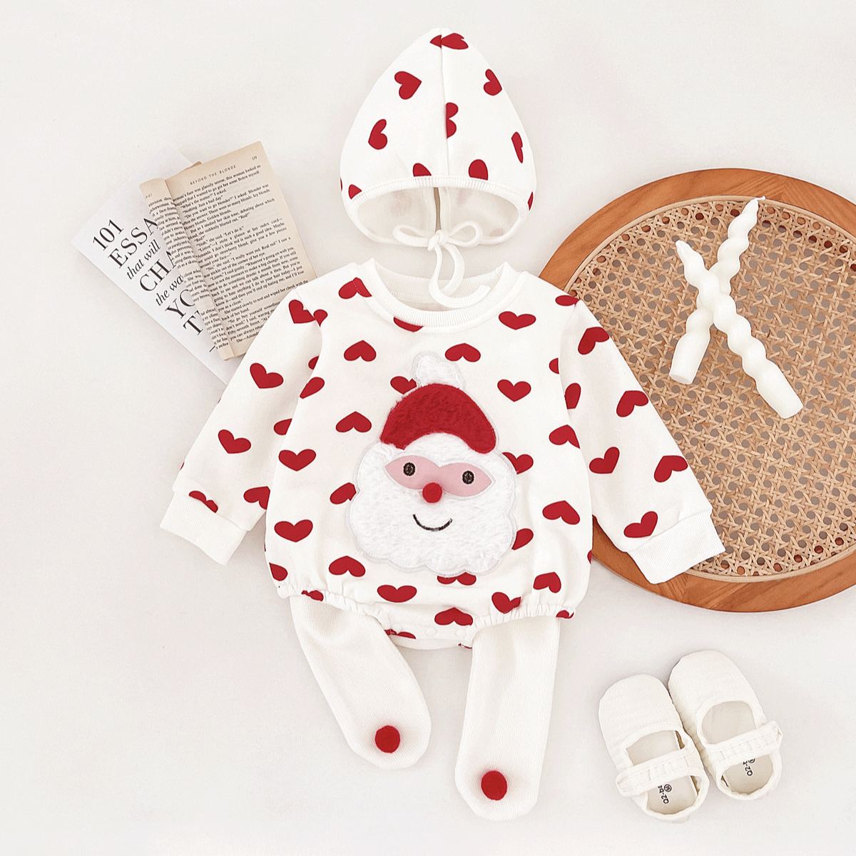 Baby Heart Stripe Santa Claus Onesie and Leggings Hat 3-Piece Set
