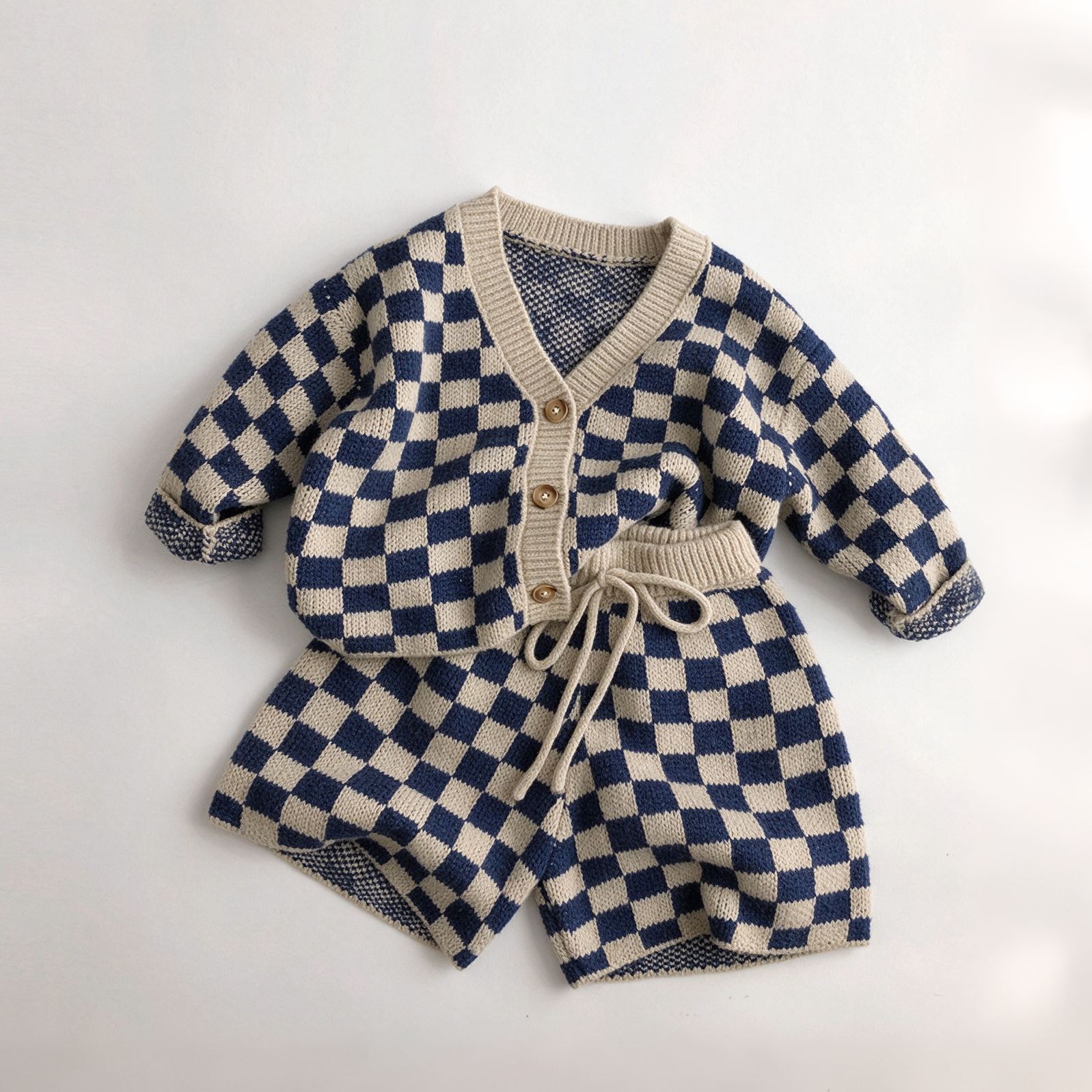 Kids Checkered Knit Cardigan Sweater and Shorts Pants Set