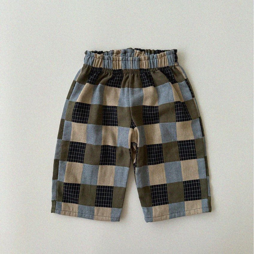 Kids Color Blocking Checkered Casual Pants