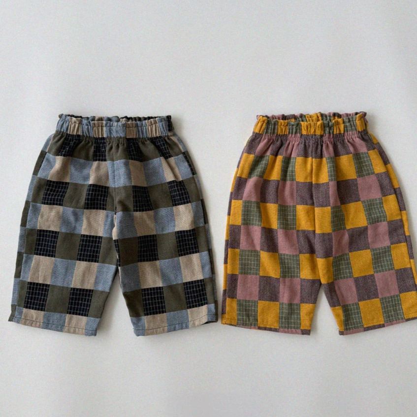 Kids Color Blocking Checkered Casual Pants