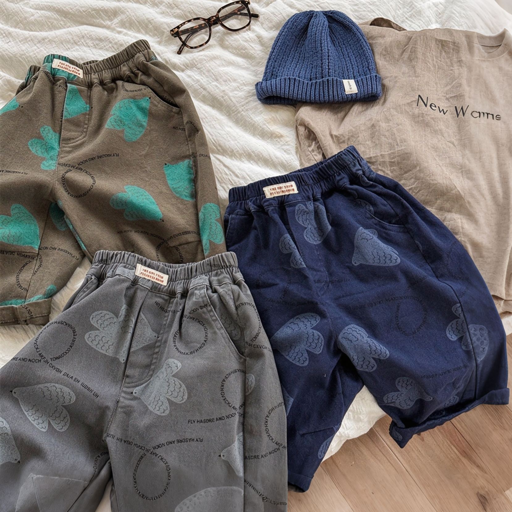 Kids Bird Letter Print Washed Denim Pants